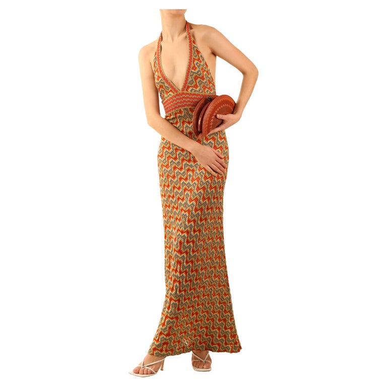 Missoni halter neck plunging backless knit silk orange blue brown maxi dress For Sale