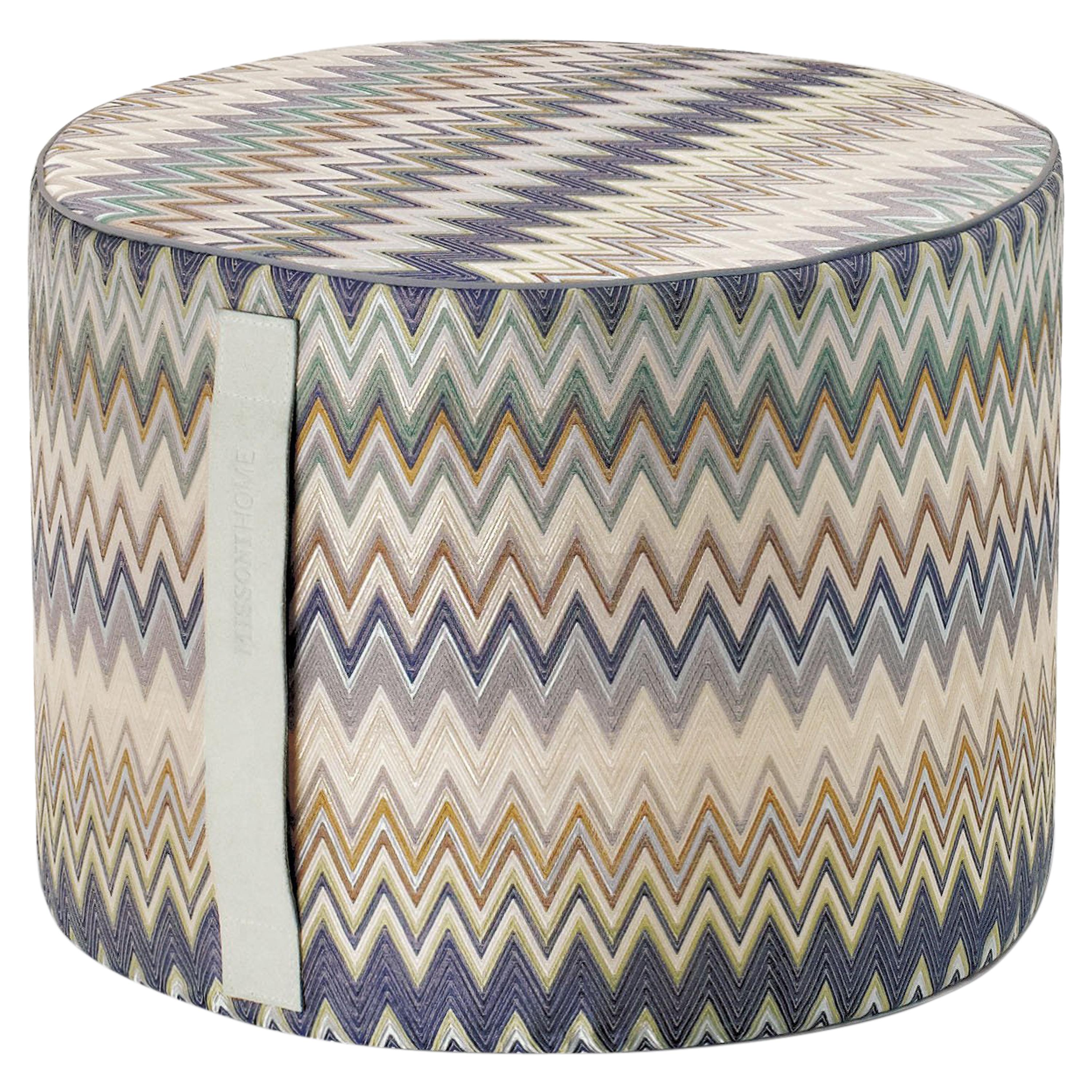 Missoni Home Masuleh Cylinder Pouf in Green and Beige with Chevron Pattern For Sale