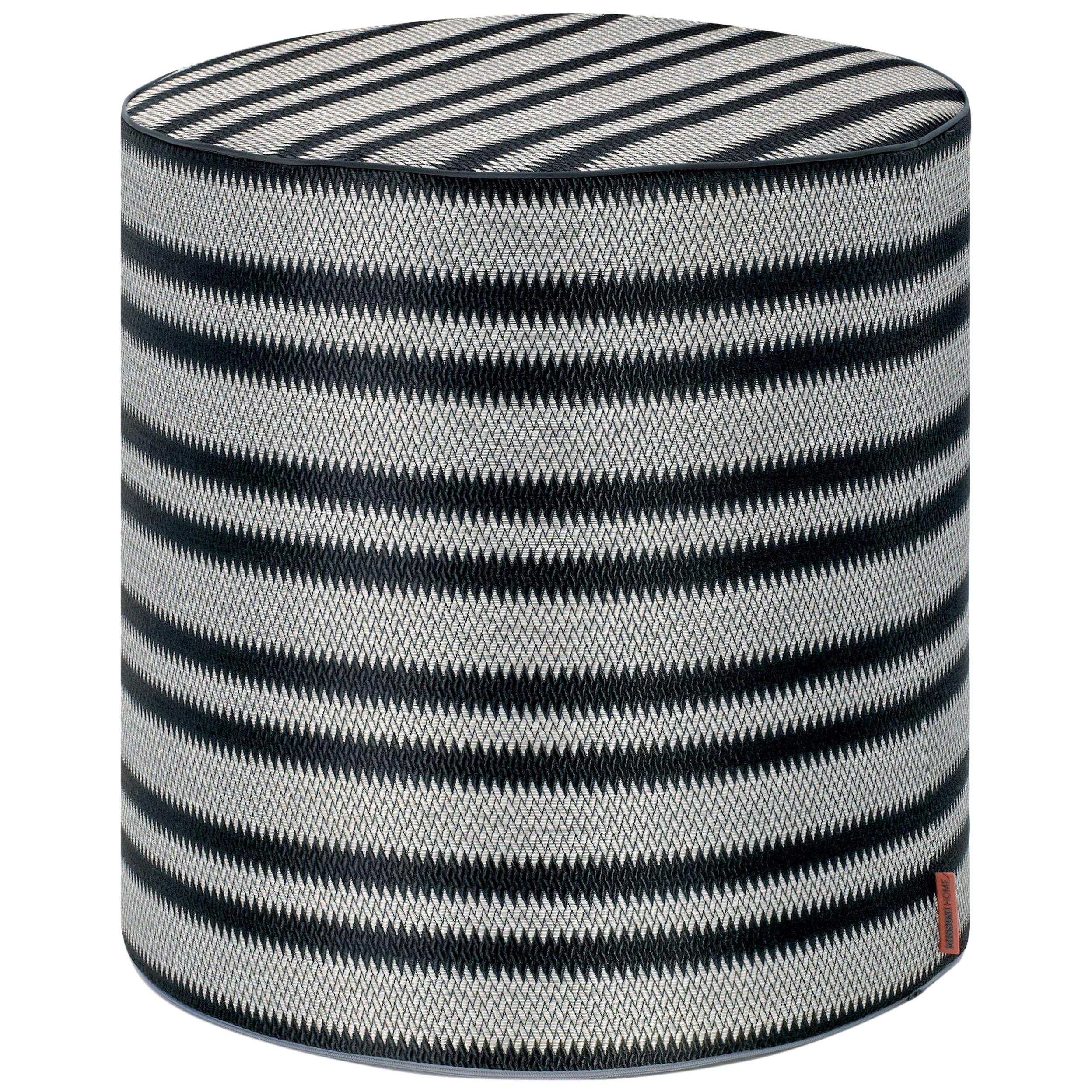 Missoni Home Prescott Tall Cylinder Pouf in Black and White with Stripe Print For Sale