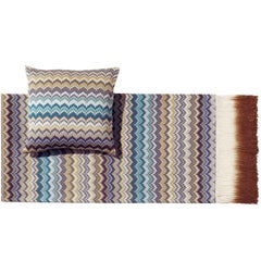Missoni Home Prudence Throw & Cushion Set in Blue and Beige with Chevron Pattern