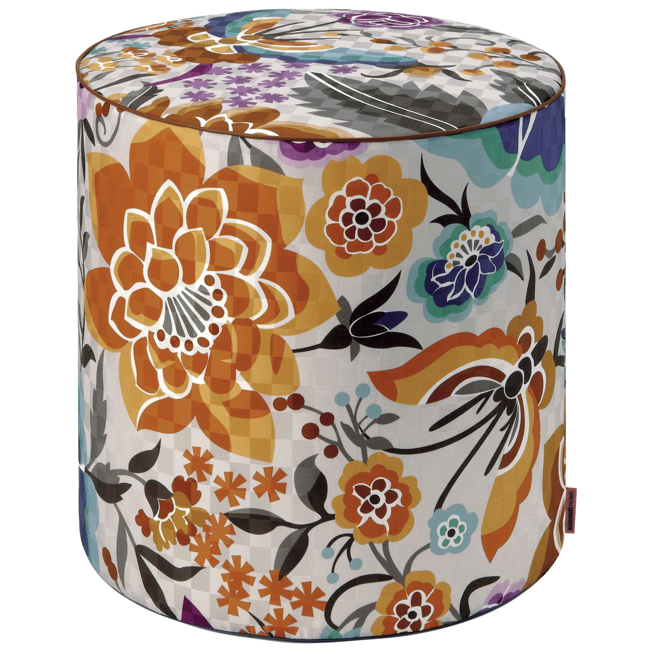 Missoni Home Samoa Tall Cylinder Pouf in Ivory w/ Orange and Blue Floral Pattern For Sale