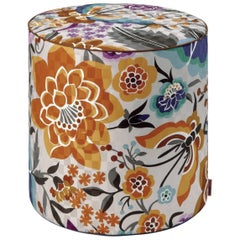 Missoni Home Samoa Tall Cylinder Pouf in Ivory w/ Orange and Blue Floral Pattern