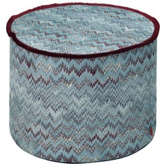 Missoni Home Thailand Cylinder Pouf in Blue with Wave Pattern and Cranberry Trim