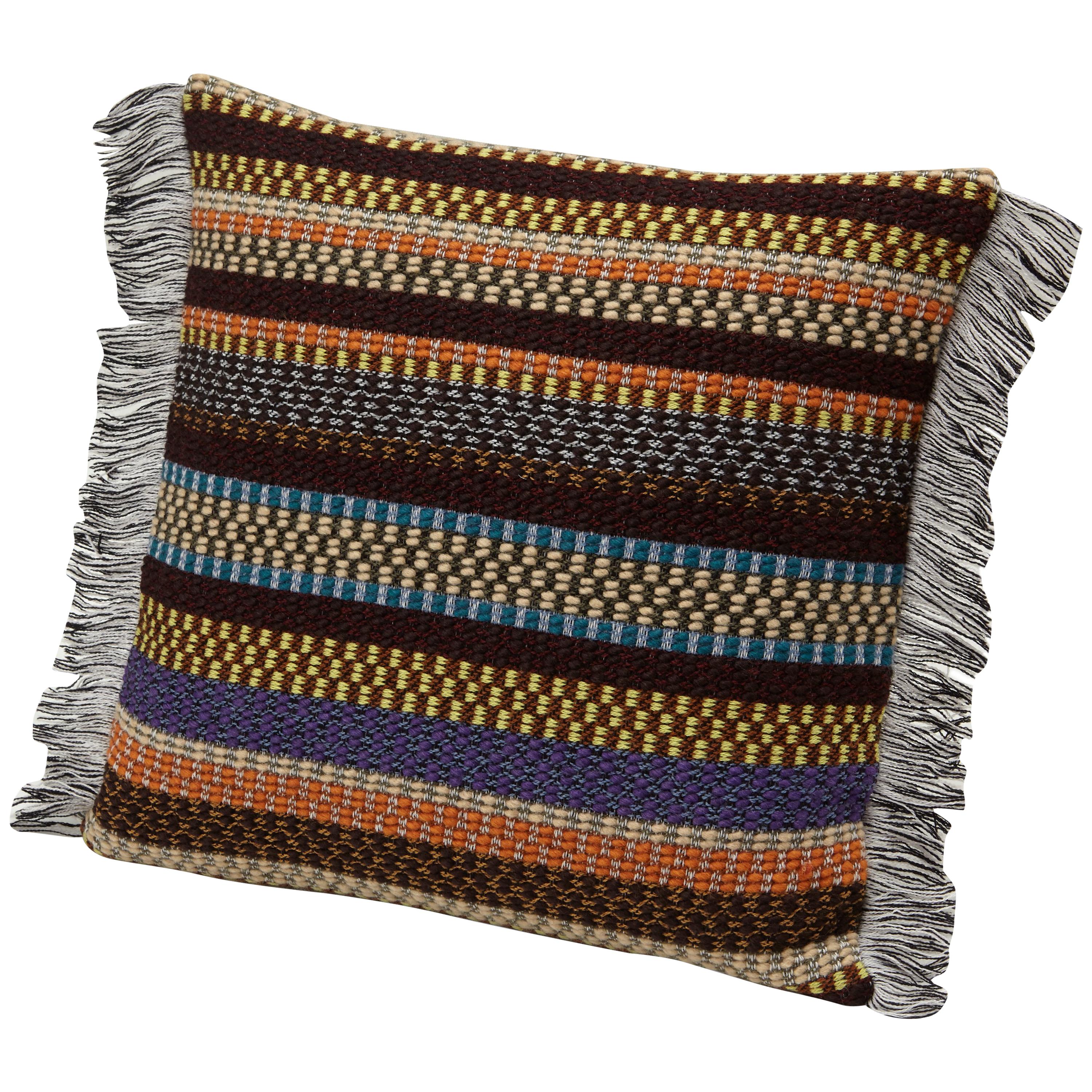 Missoni Home Volfango Cushion w/ Multi-Color Striped Pattern & Gray Fringe Trim For Sale