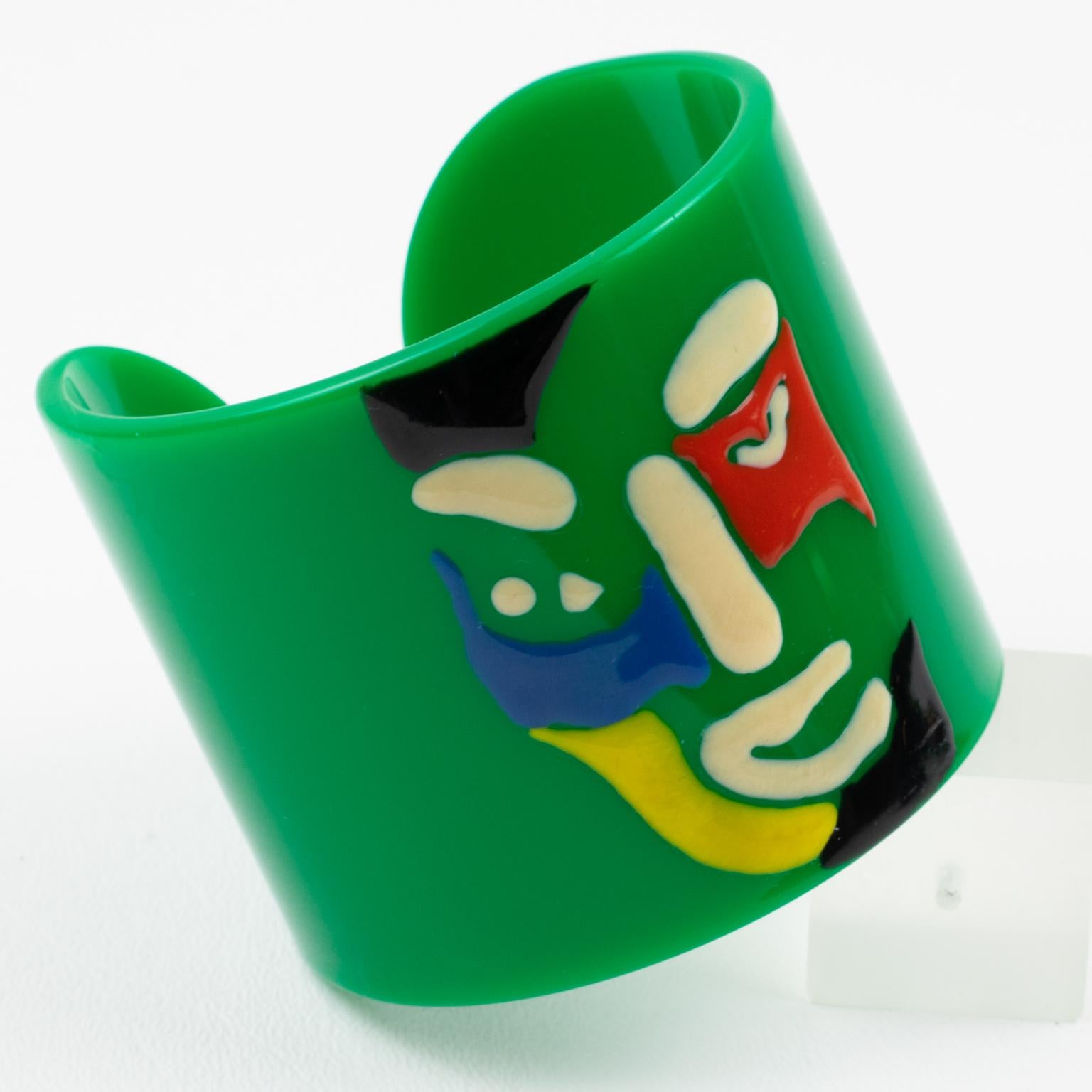 Missoni Italy 1980 Green Resin Cuff Bracelet with Multicolor Iconic Smiling Face 2