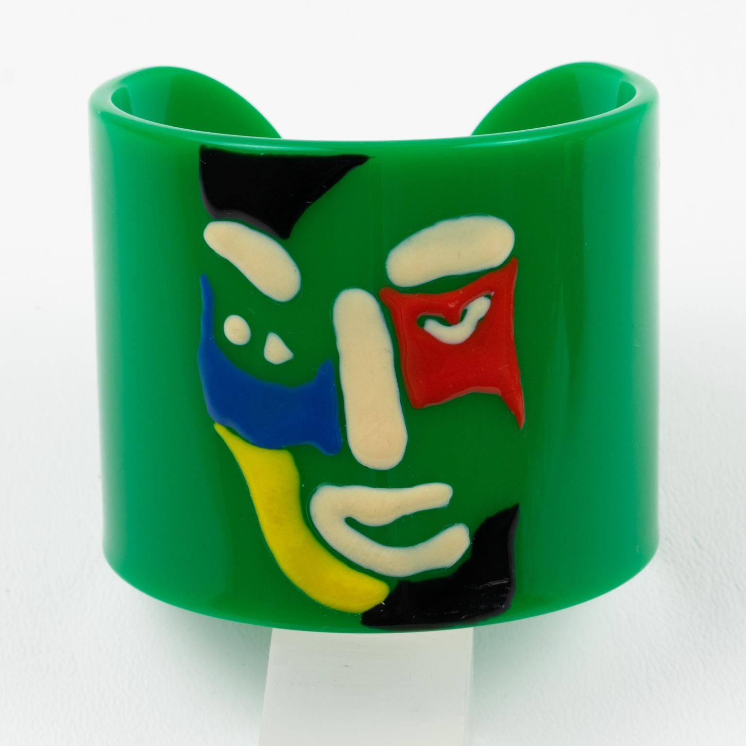 Missoni Italy 1980 Green Resin Cuff Bracelet with Multicolor Iconic Smiling Face 3