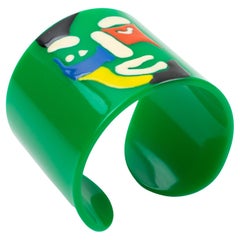 Missoni Italy 1980 Green Resin Cuff Bracelet with Multicolor Iconic Smiling Face