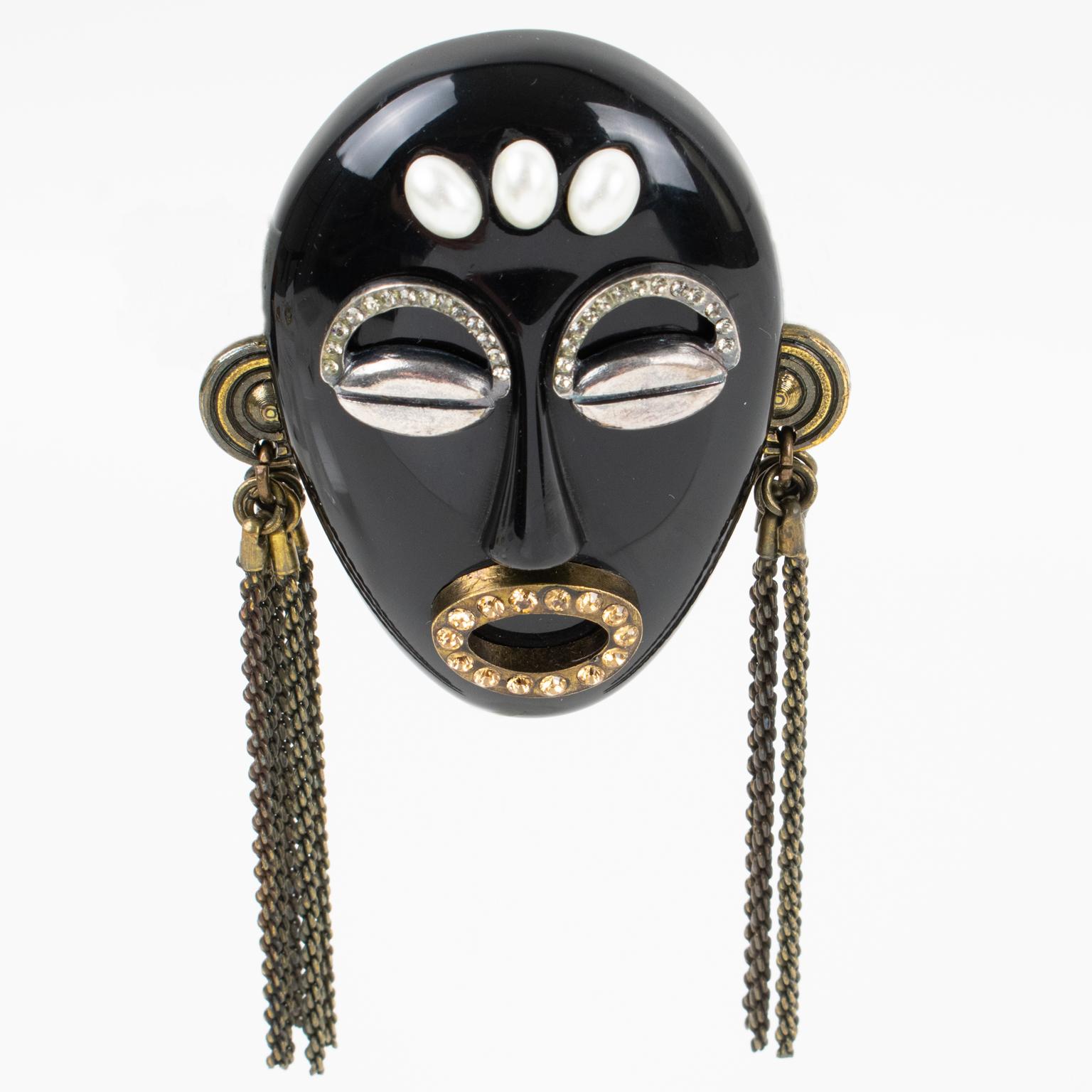 Anstecknadelbrosche „Tribal Maske“ aus schwarzem Harz und Metall, Italien 1991 im Angebot 5