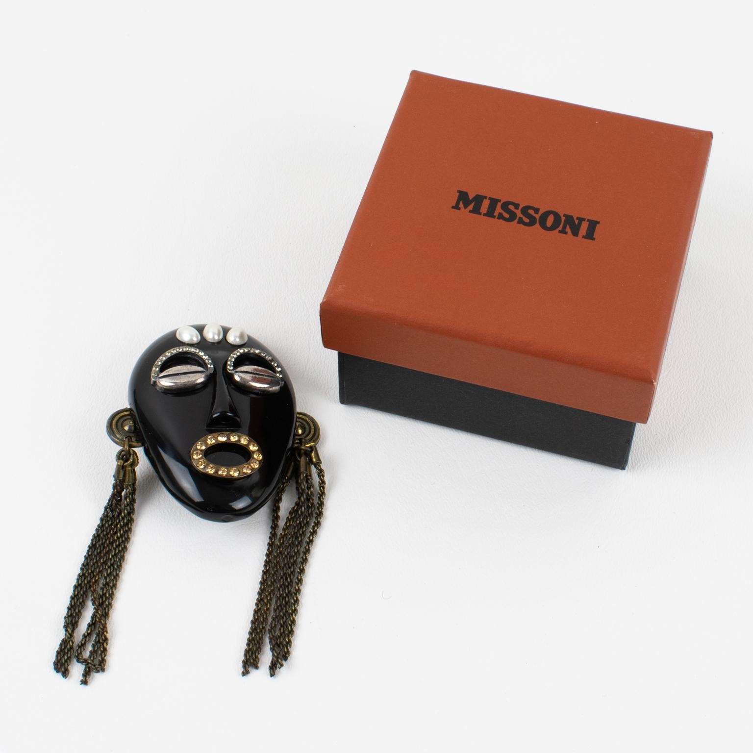 Modern Missoni Italy 1991 Black Resin and Metal Tribal Mask Pin Brooch For Sale