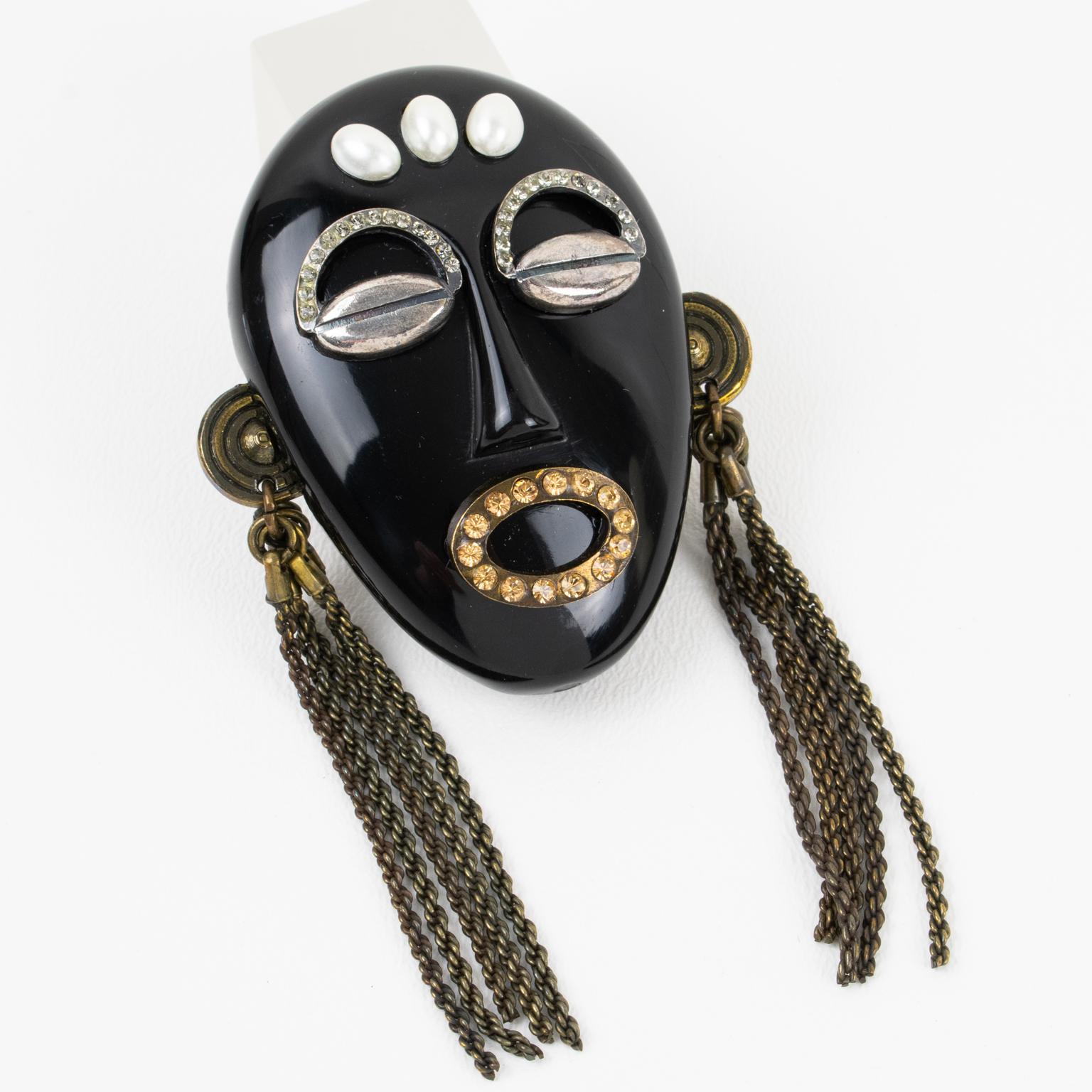Missoni Italy 1991 Black Resin and Metal Tribal Mask Pin Brooch In Excellent Condition For Sale In Atlanta, GA