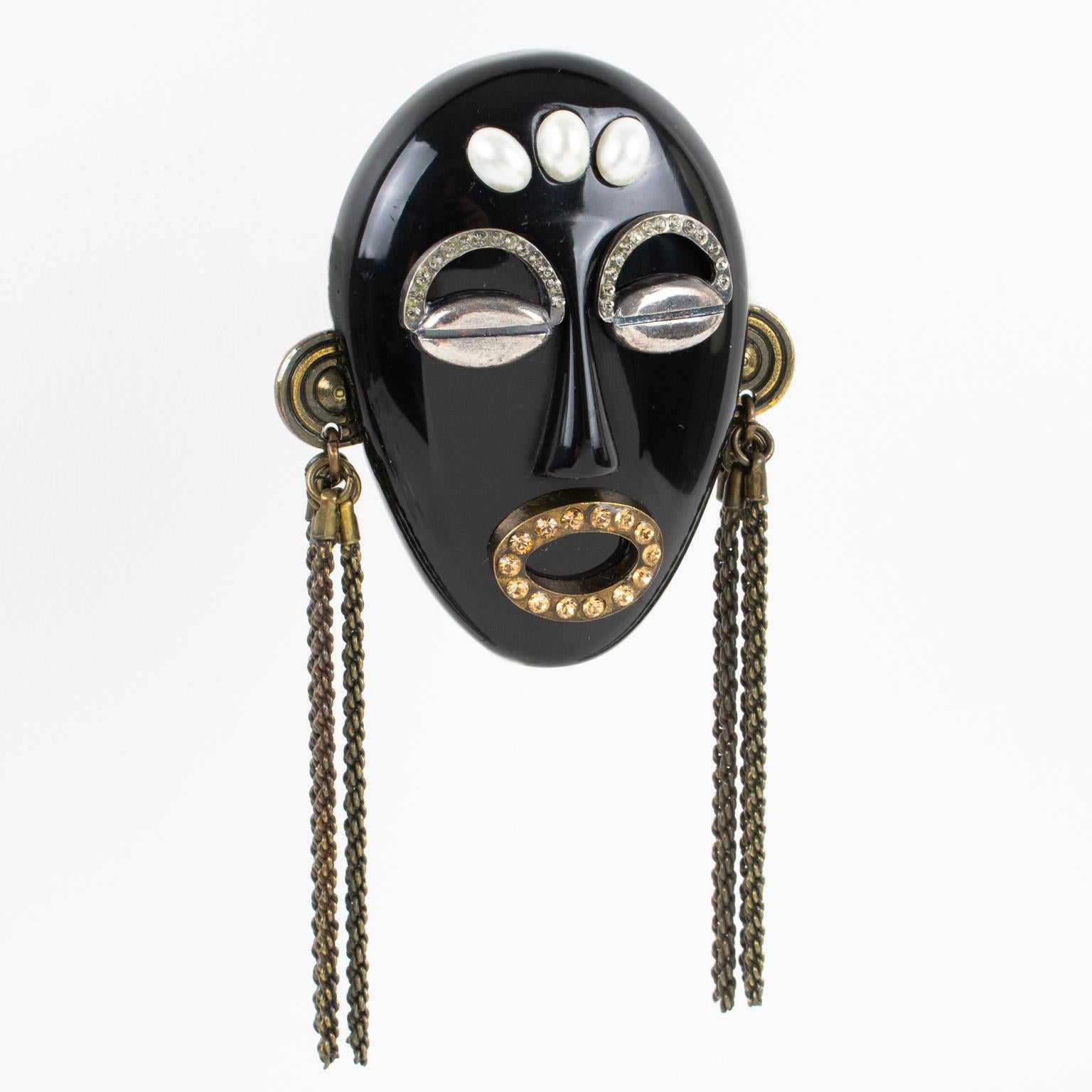 Anstecknadelbrosche „Tribal Maske“ aus schwarzem Harz und Metall, Italien 1991 im Angebot 3