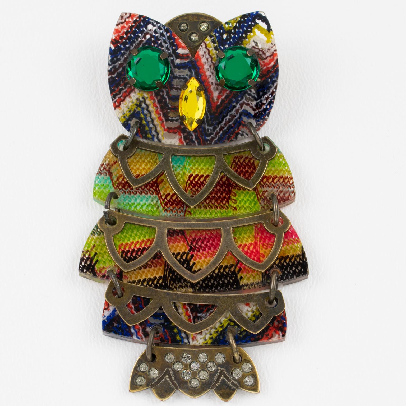 Modern Missoni Italy Brass and Knitted Fabric Jeweled Owl Pin Brooch For Sale