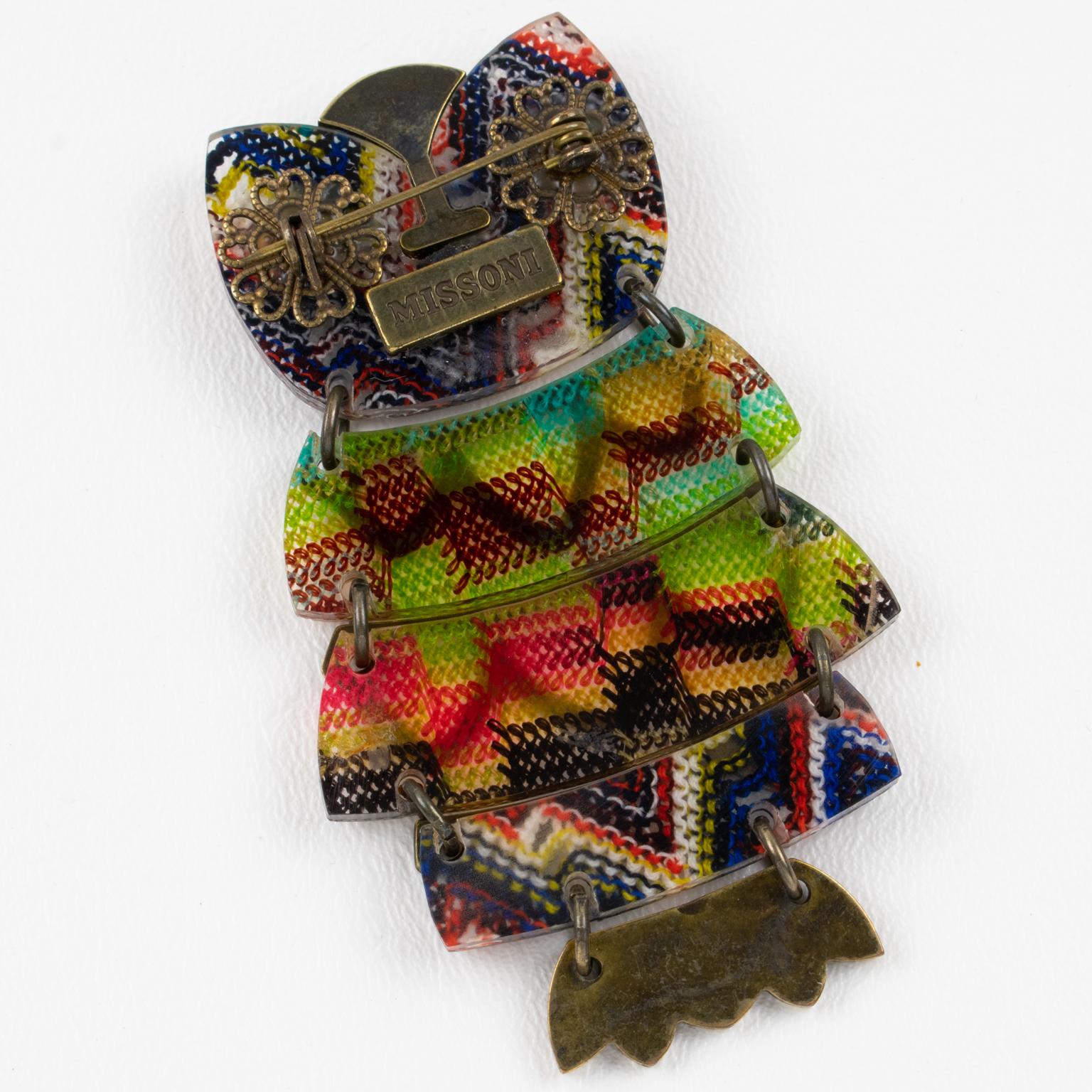 Missoni Italy Brass and Knitted Fabric Jeweled Owl Pin Brooch In Excellent Condition For Sale In Atlanta, GA