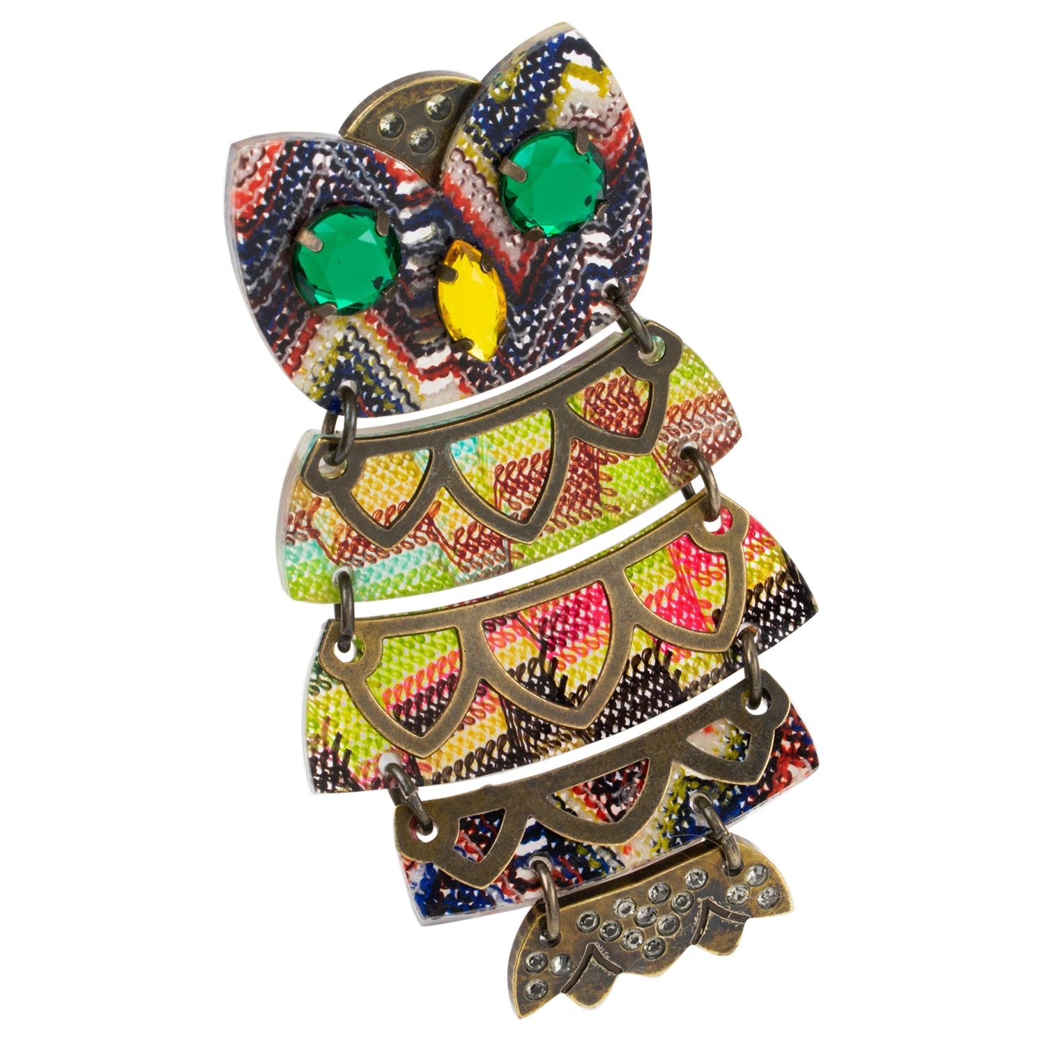 Missoni Italy Brass and Knitted Fabric Jeweled Owl Pin Brooch
