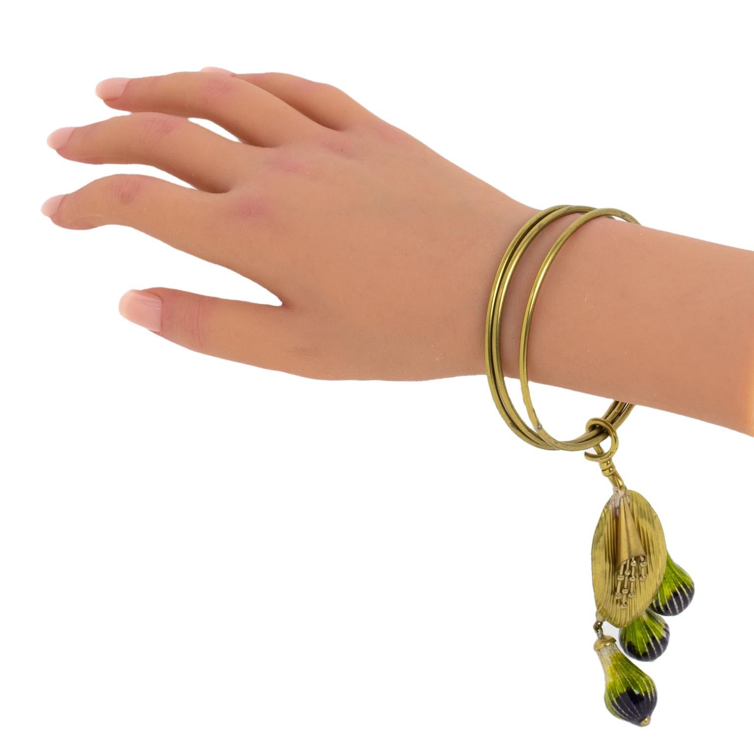 Missoni Italy Gilded Metal Bangle Bracelet with Green and Purple Enamel Charms 4