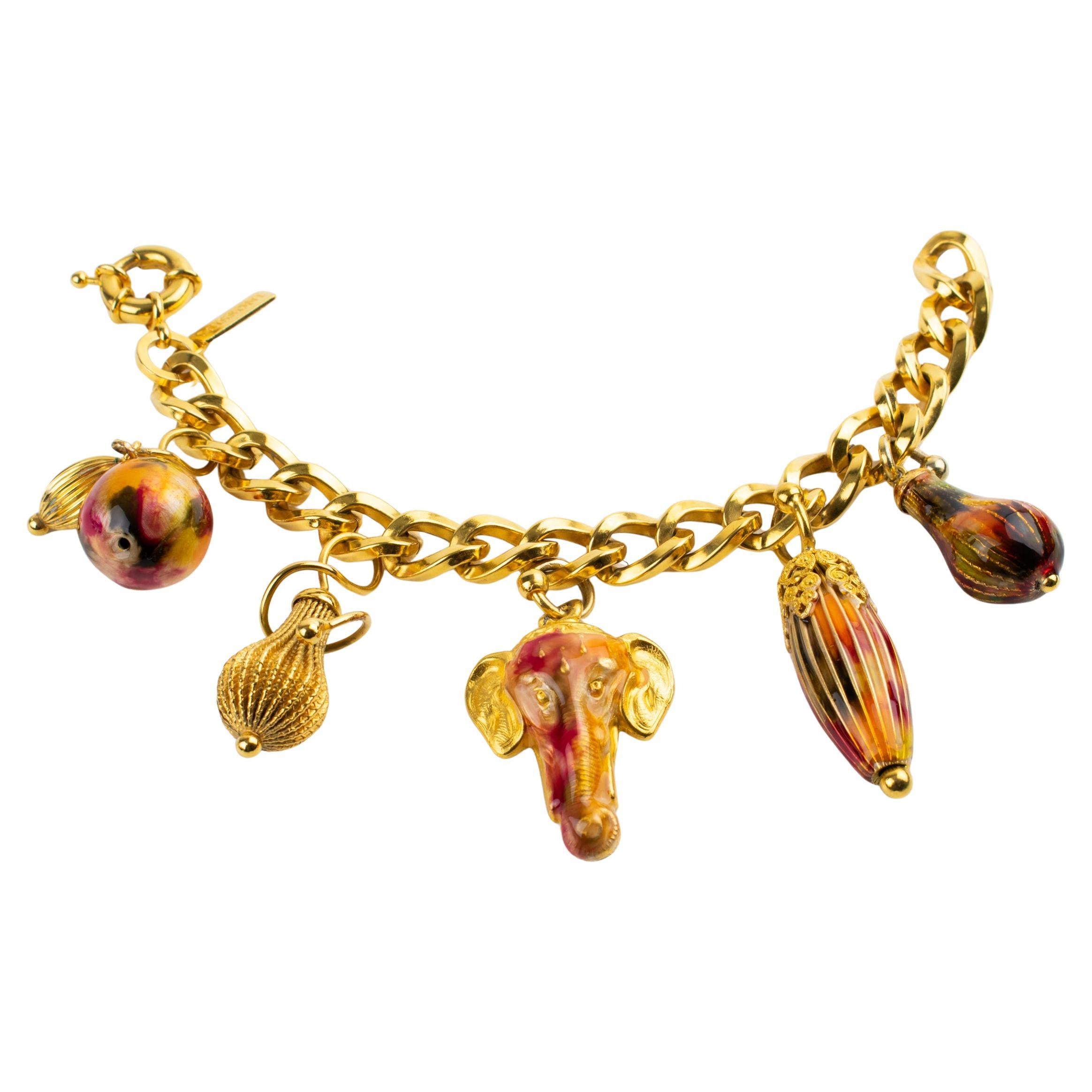 Missoni Italia Pulsera de eslabones de cadena de metal dorado con colgantes de esmalte en venta