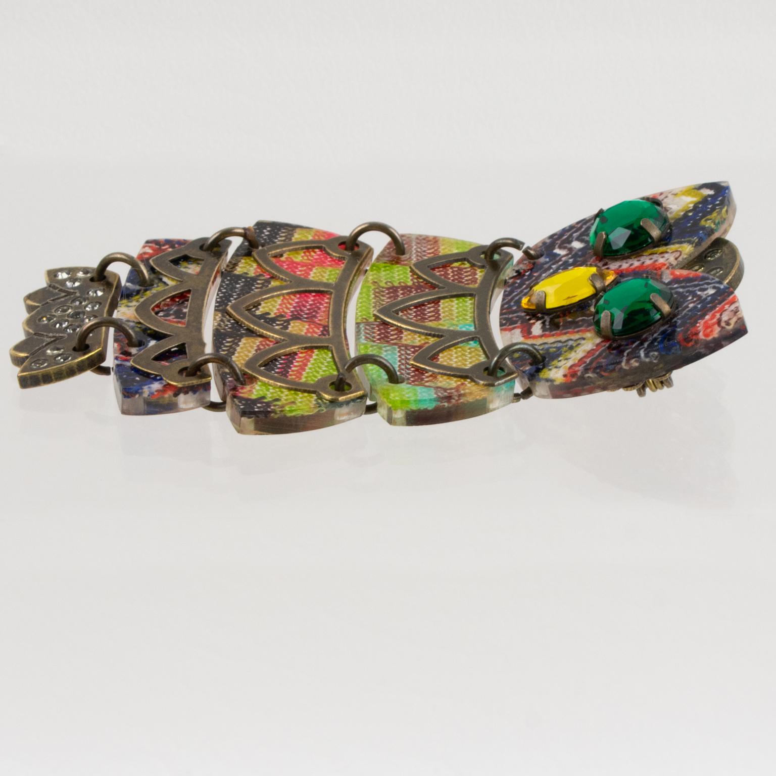 Missoni Italy Metal and Knitted Fabric Jeweled Owl Articulated Brooch For Sale 3