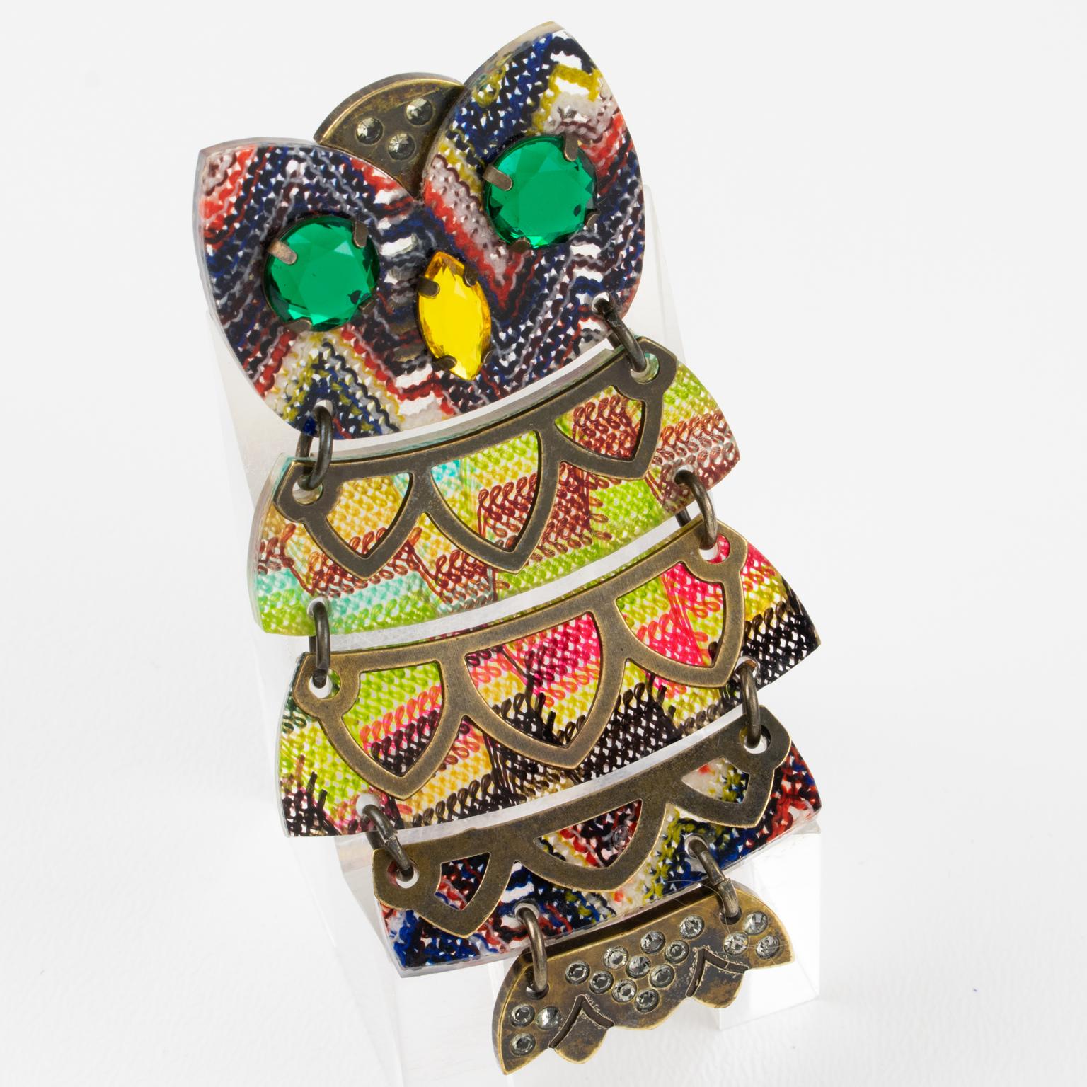 Missoni Italy Metal and Knitted Fabric Jeweled Owl Brooch For Sale 2