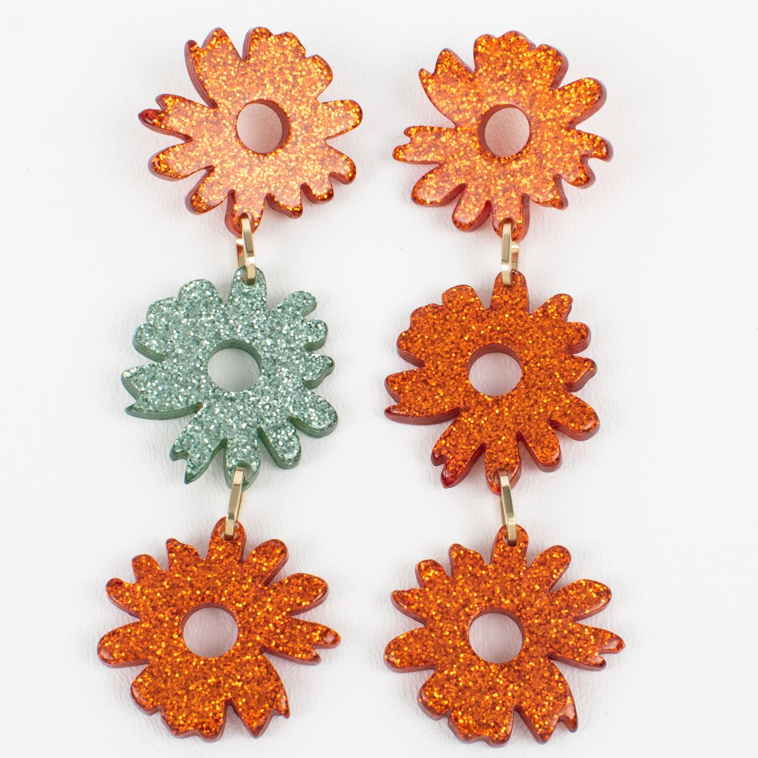 Modern Missoni Italy Orange and Blue Glitter Lucite Resin Dangle Pierced Earrings For Sale