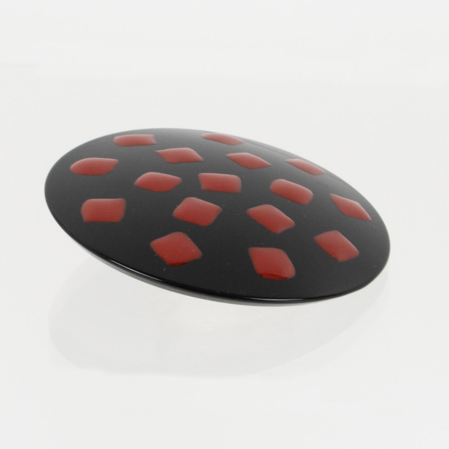 Modern Missoni Italy Oversized Black Lucite Resin Clip Earrings with Red Dots For Sale