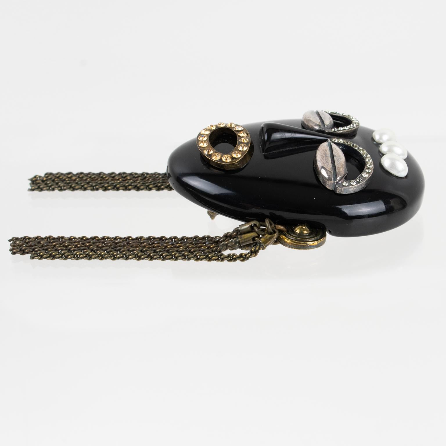 Missoni Jewelled Black Lucite Mask Brooch For Sale 2