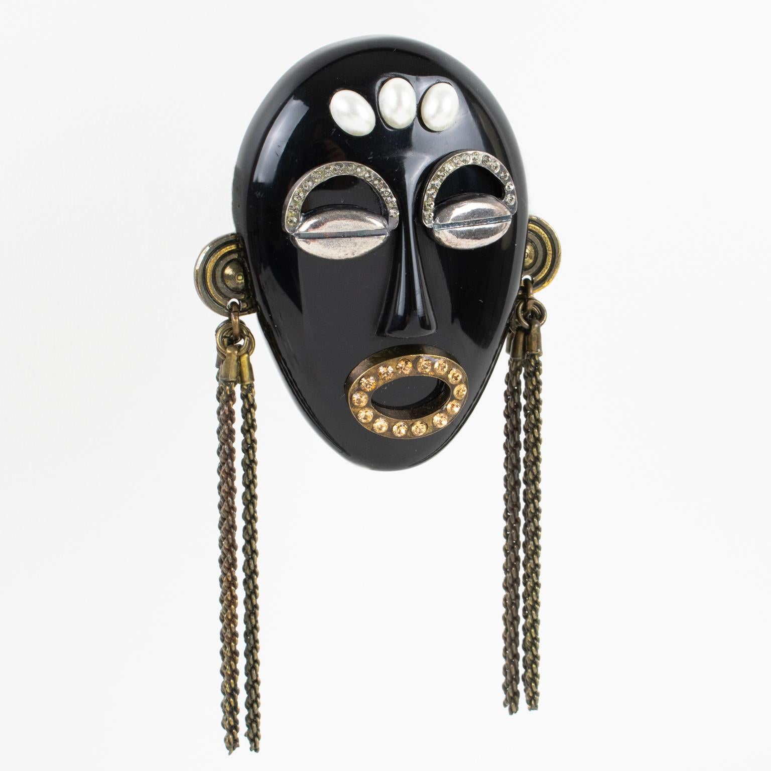 Missoni Jewelled Black Lucite Mask Brooch For Sale 3