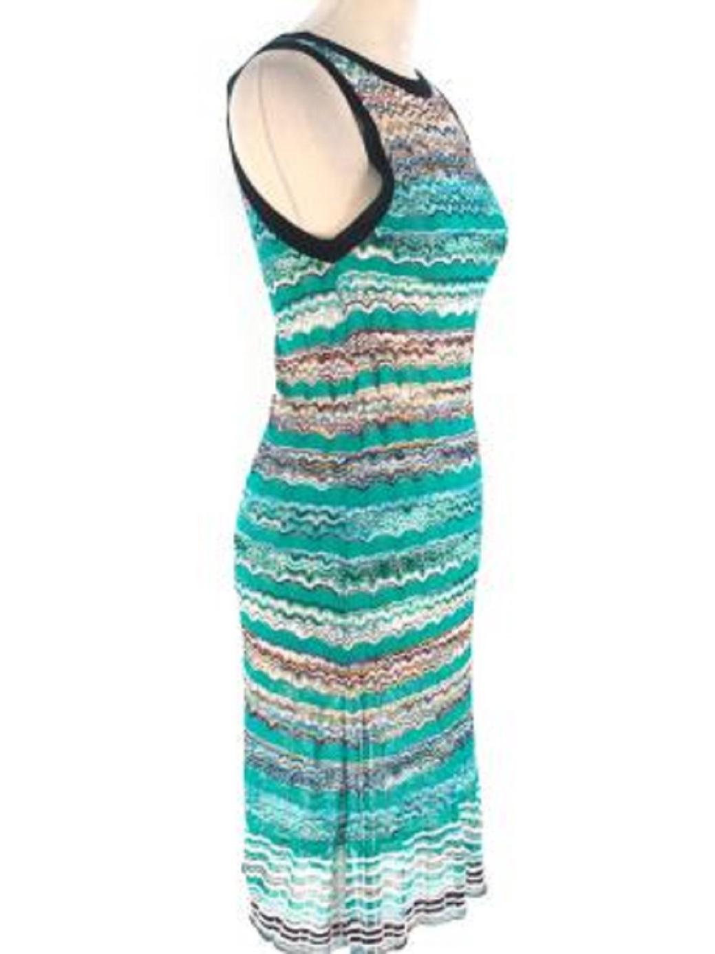 Missoni Knitted Patterned Sleeveless Dress

- Green and multi-coloured patterned knitted dress
- Round neck
- Sleeveless 
- Knee length
- Unlined
- Keyhole ad popper detail at the back
- Black trim at the arm opening and neckline

Please note, these