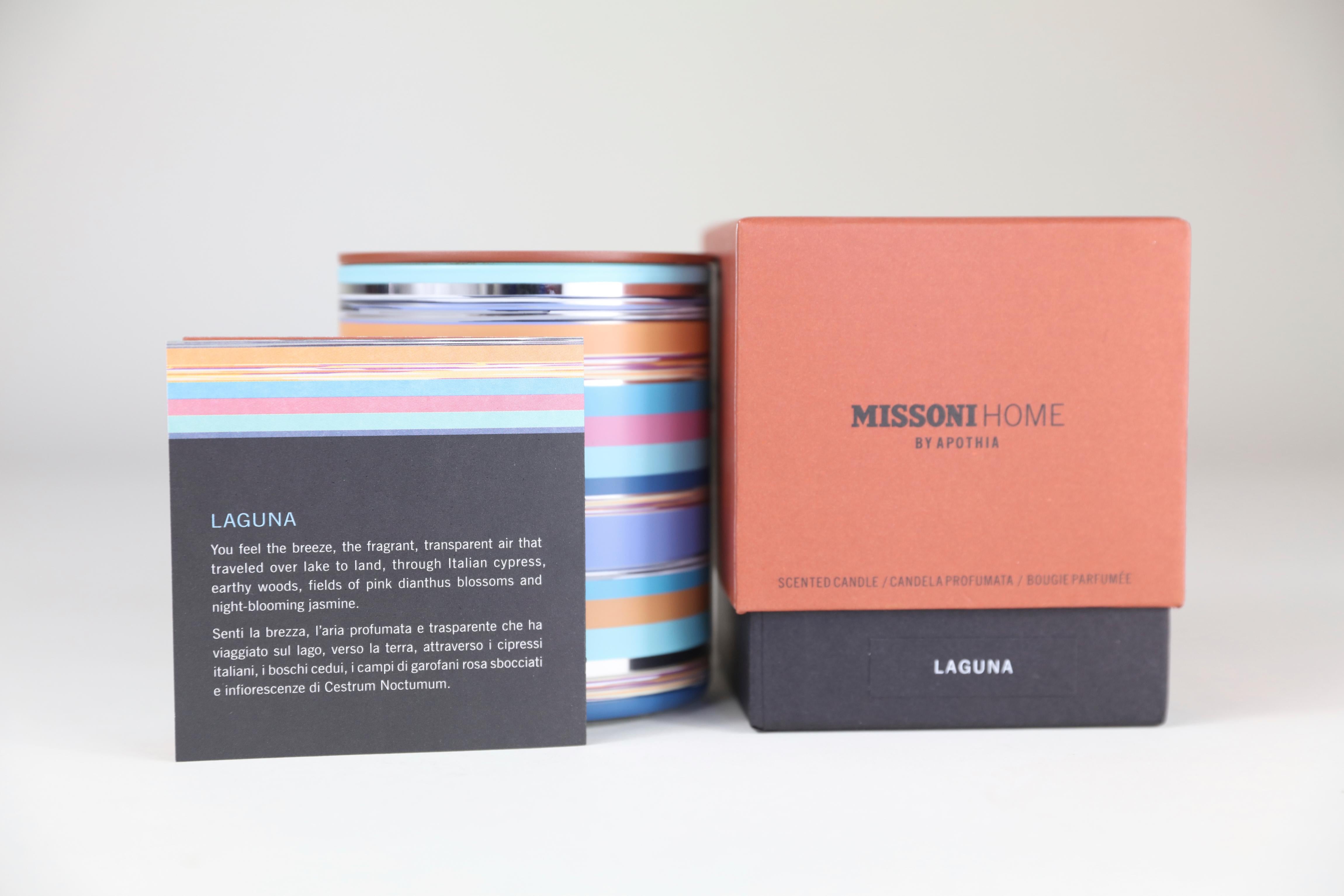 Missoni Laguna Candle with scents of fresh breeze, pink dianthus blossoms, and night-blooming jasmine.