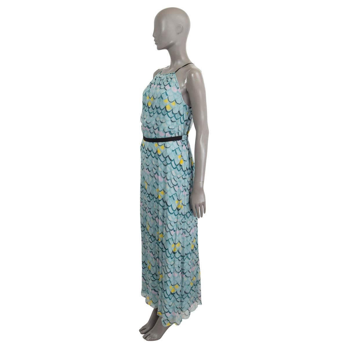 100% authentic M Missoni sleeveless maxi dress in pale turquoise, petrol, black, baby pink and yellow scale printed silk (100%).  The design features an open back with a necktie and a black elastic waist belt. Lined in pale turquoise silk (100%).