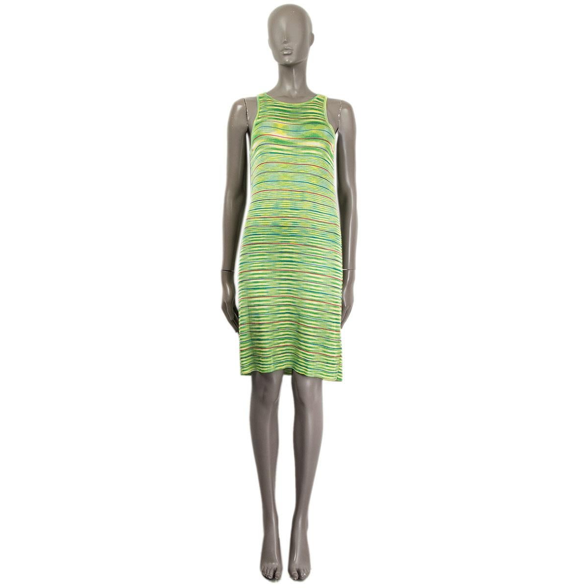 100% authentic Missoni sleeveless shift knit dress in lime green, yellow, pink and purple viscose (100%). Slip-in fit. Unlined. Has been worn and is in excellent condition. Matching cardigan available in separate listing.

Measurements
Tag