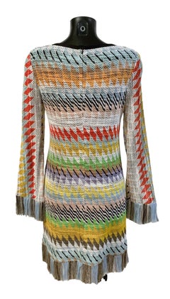 Missoni Long Sleeve Multi-Stripe Fringe Knit Dress