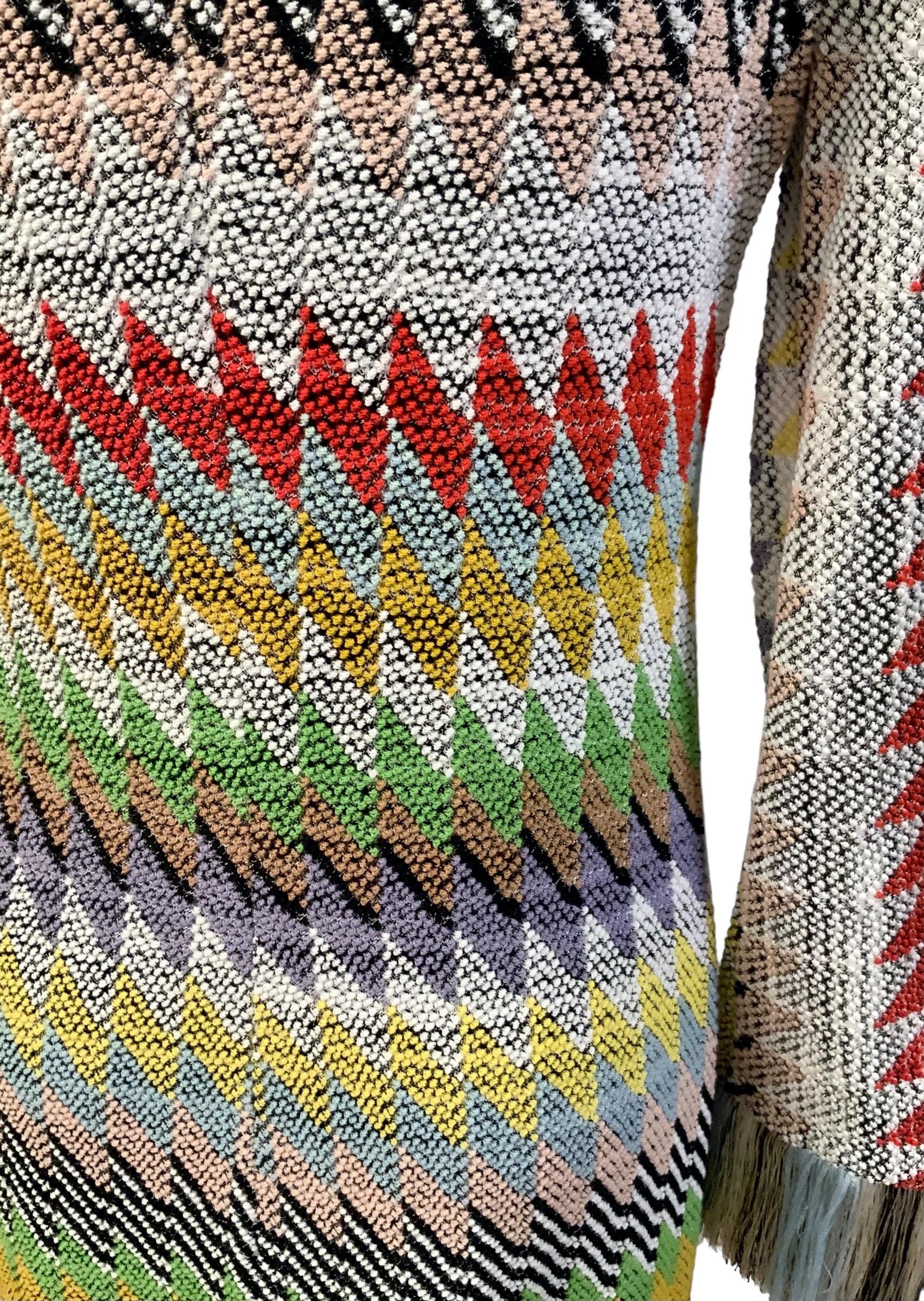 Missoni Long Sleeve Multi-Stripe Fringe Knit Dress In Excellent Condition In Geneva, CH