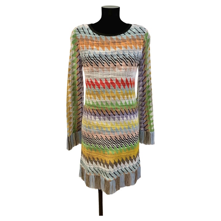 Missoni Long Sleeve MultiStripe Fringe Knit Dress For Sale at 1stDibs