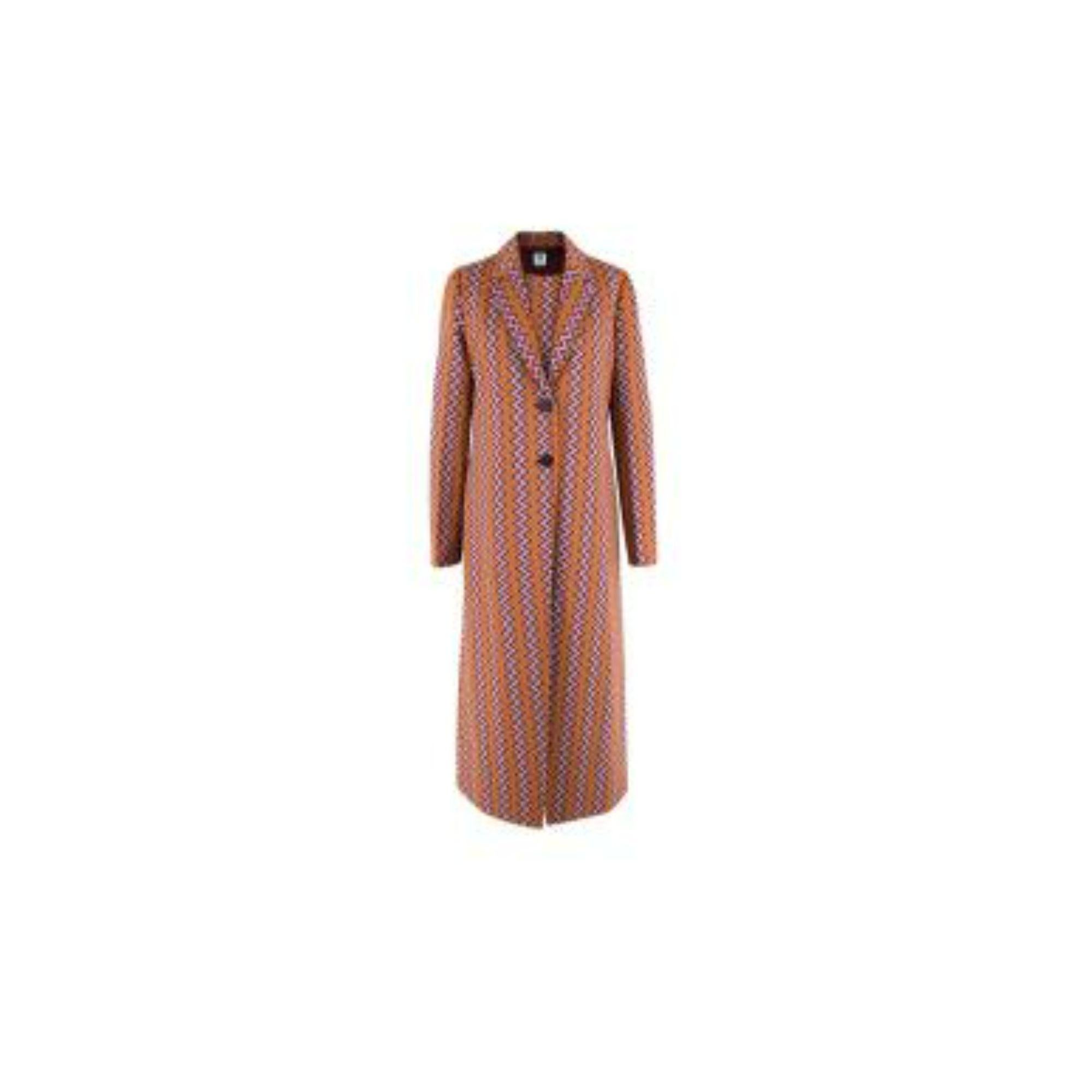 Missoni Orange and Burgundy Coat and Dress Suit

Coat
- Long length
- Two-button fastening
- Lapeled
- Two side pockets

Dress
- Sleeveless
- Round neck
- Zip fastening along back
- Knee-length
- Fully lined

Material
Coat: 46% Viscose, 35%