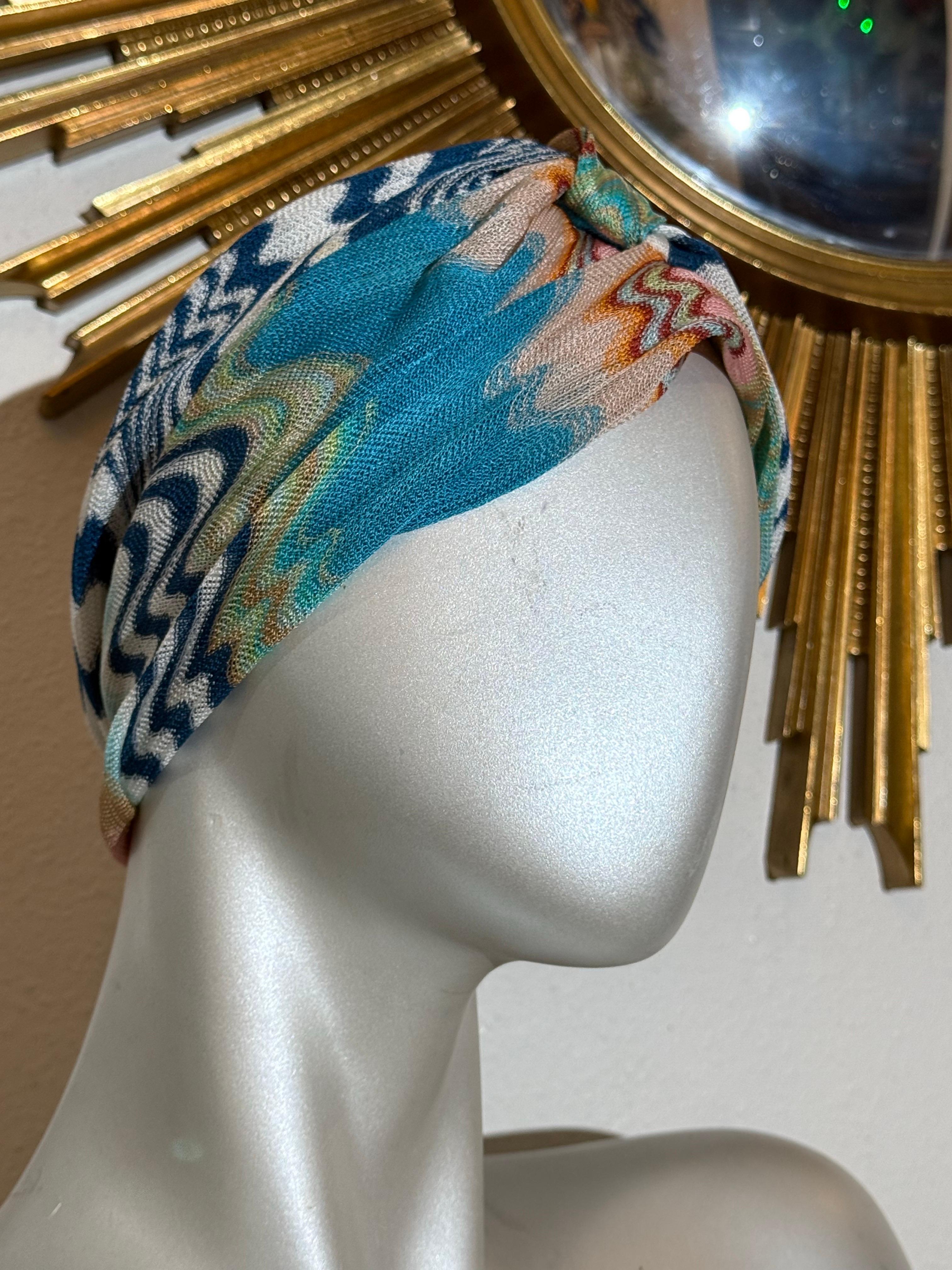 Turban classique en jersey de rayonne de Missoni Mare, bleu aqua et pêche en vente 3