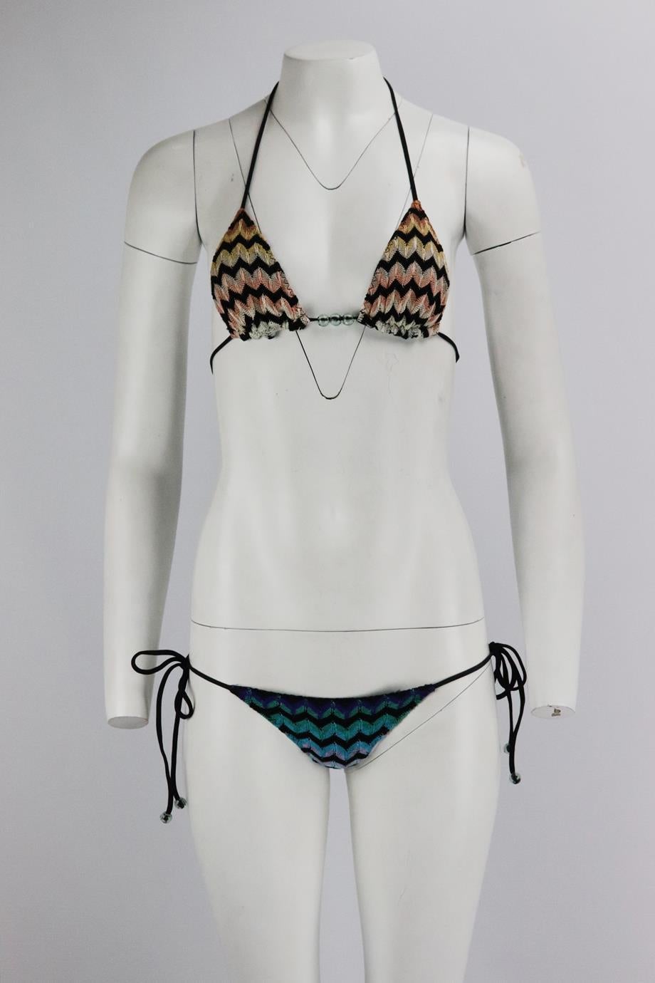 Missoni Mare crochet knit halterneck triangle bikini. Black, blue, green, cream, peach and sand. Tie fastening at back and side. 86% Rayon, 7% wool, 7% cotton. Comes with matching dustbag. Size: IT 40 (UK 8, US 4, FR 36) Very good condition - Worn