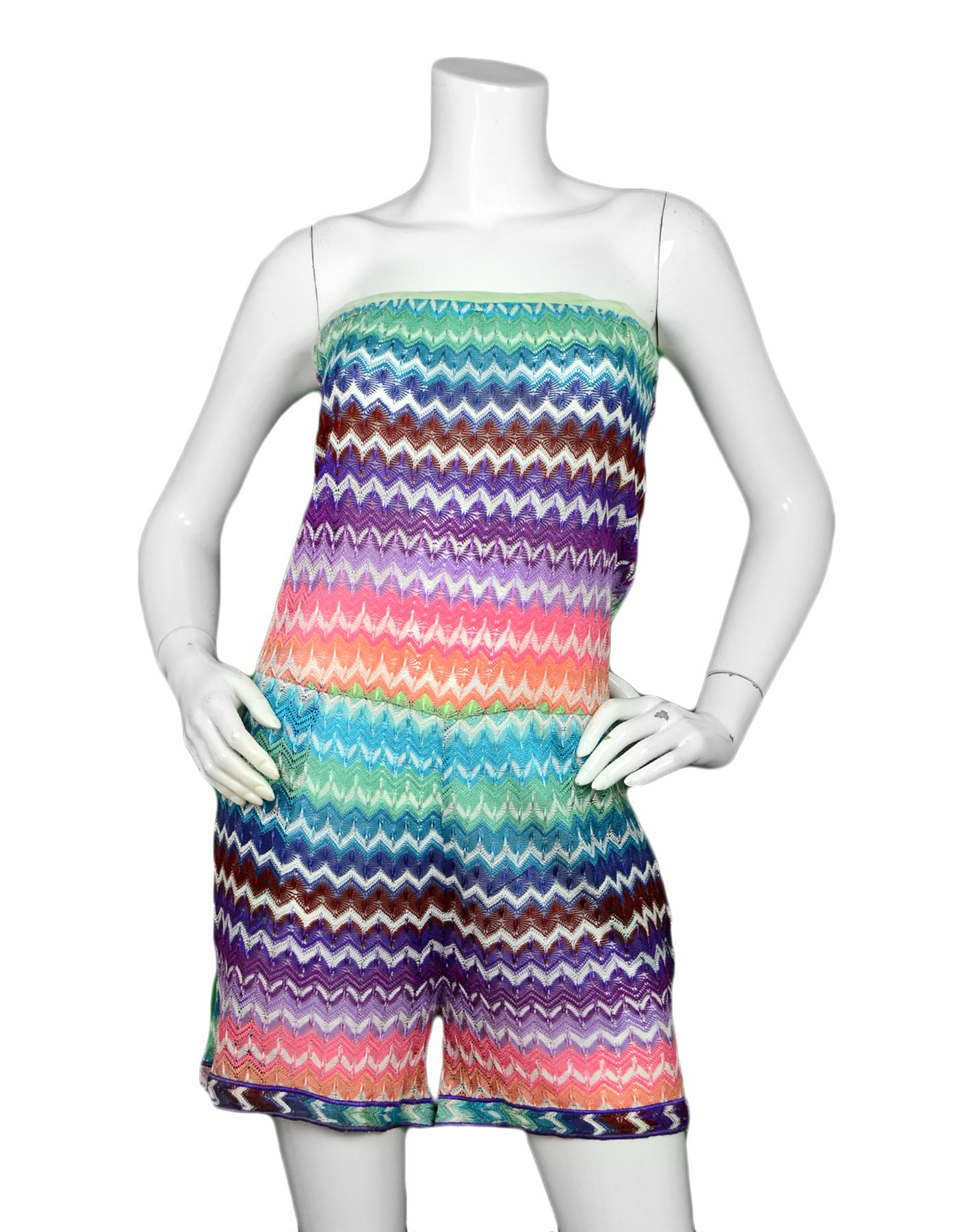 Missoni Mare Multicolor Chevron Knit Romper sz 42

Made In: Italy
Color: Multicolor
Materials: 100% rayon
Opening/Closure:  Pullover
Overall Condition: Very good pre-owned condition, with light wear throughout
Tag Size: IT42 / US6
Bust: 32