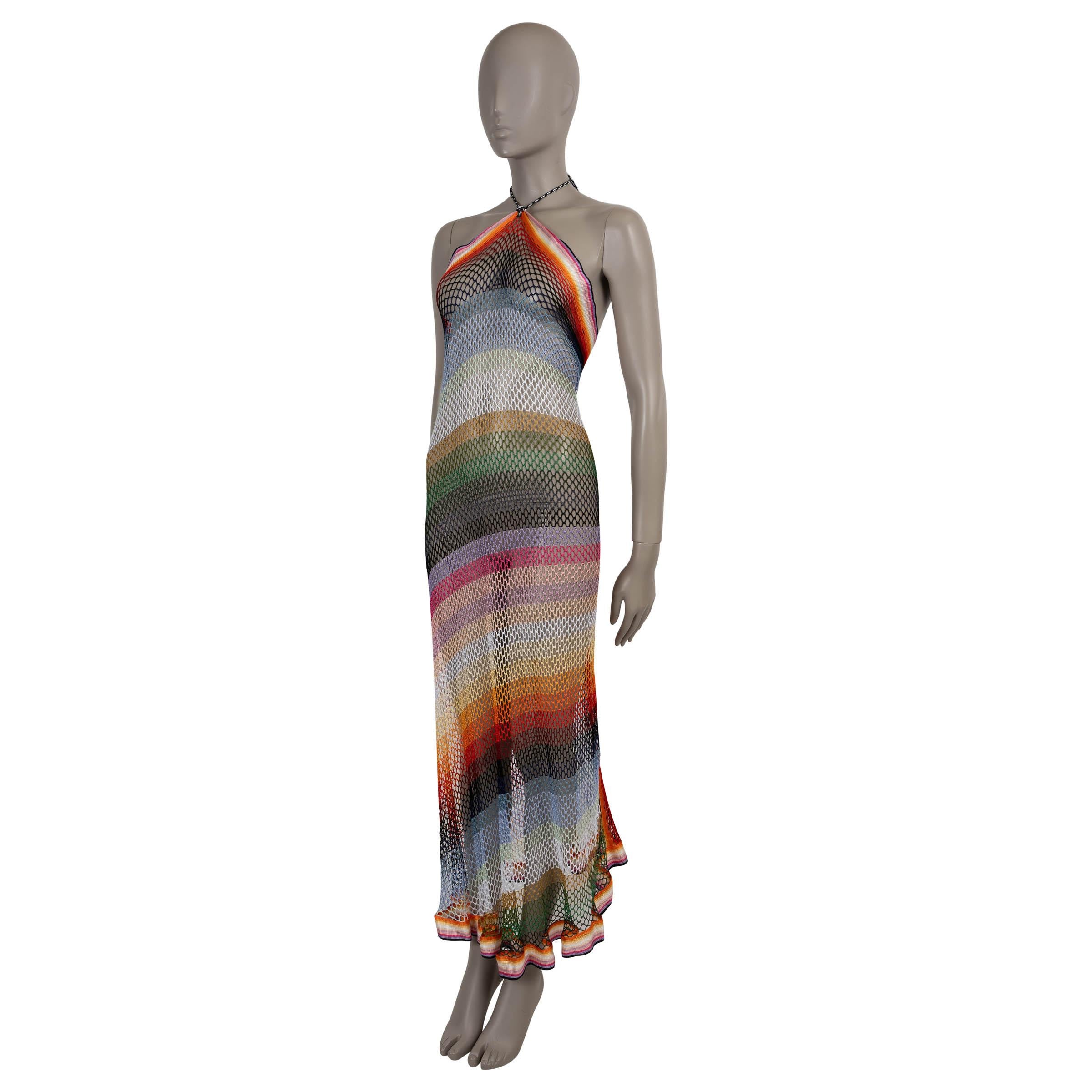 This 100% authentic Missoni dress is crafted in multicolor diagonally striped open crochet knit viscose (100% - please note the content tag is missing), designed as a luxe cover-up for the beach or pool. It features a fitted bodice, flared skirt,