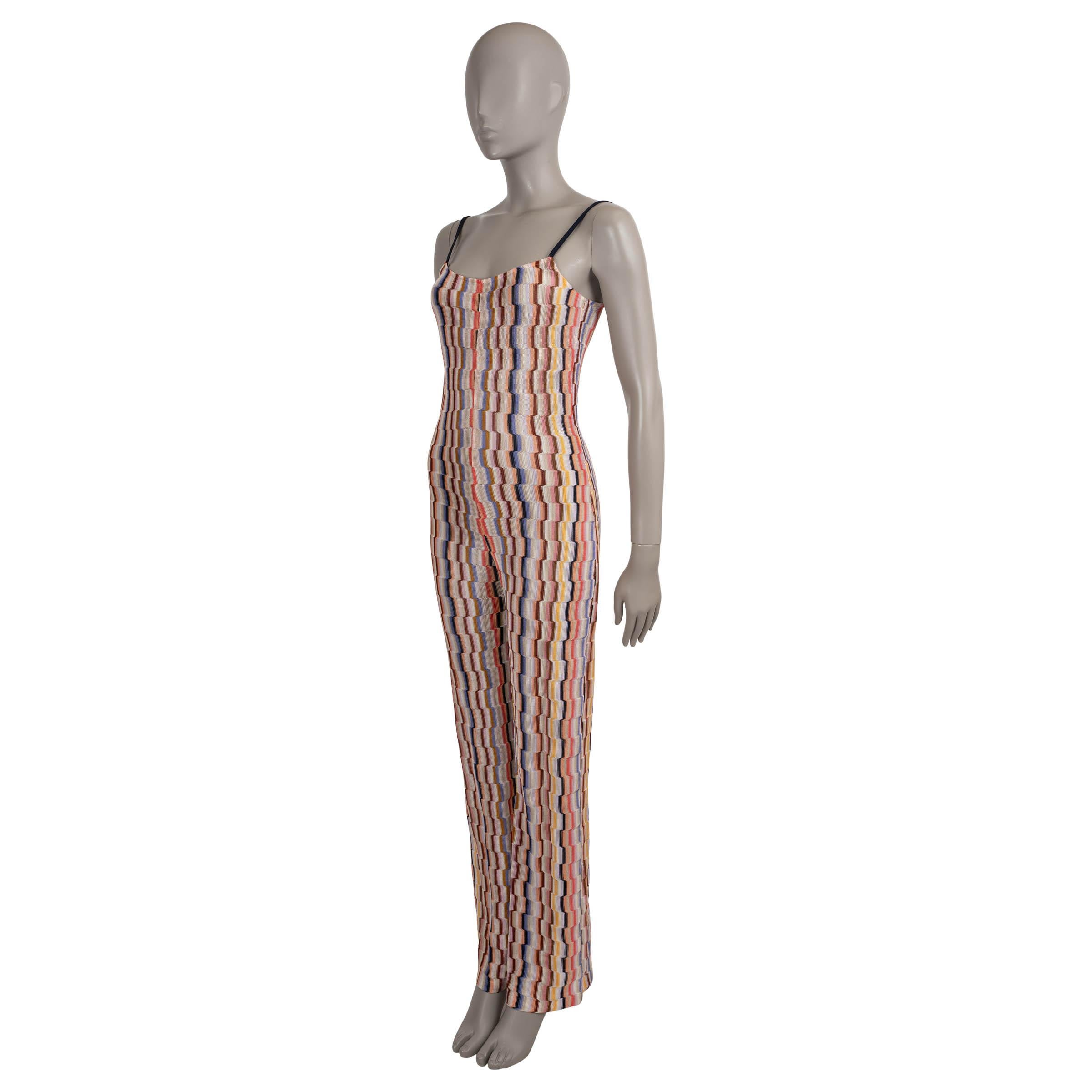This 100% authentic Missoni Mare jumpsuit is crafted in a striped multicolor knit, likely a viscose blend (please note the content and size tag are missing). Designed with a sleek, bodycon silhouette, it features long straight legs and contrasting