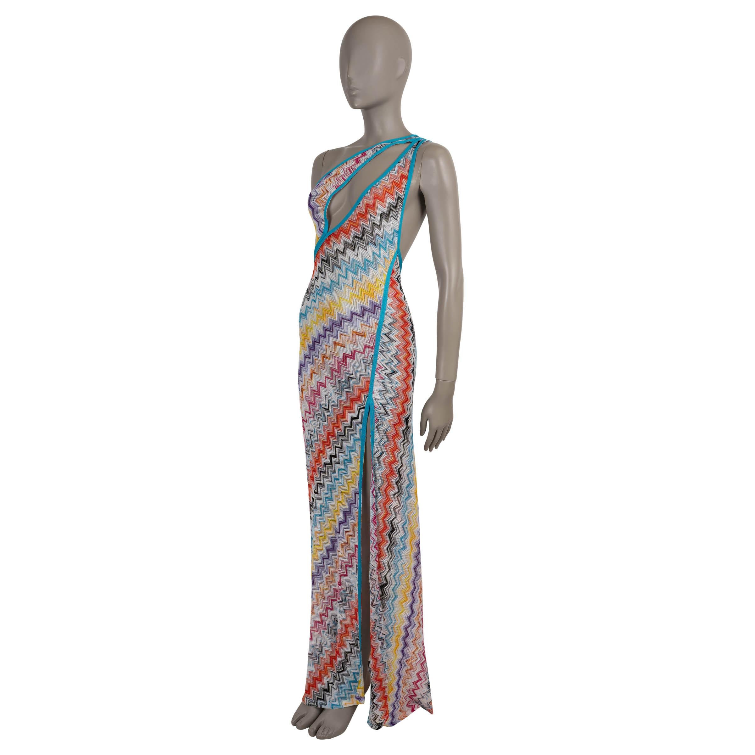 This 100% authentic Missoni Mare dress is crafted in multicolor diagonal zigzag knit viscose (98%) and polyamide (2%)—please note the content tag is missing. The design features a striking one-shoulder, bodycon silhouette with a maxi length,