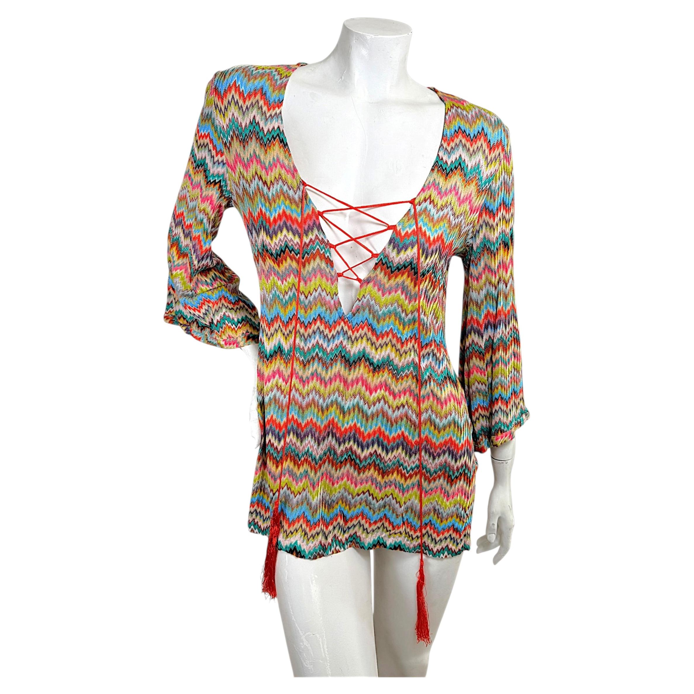 Missoni Mare Multicolor Zigzag Lace-Up Knit Resort Tunic Dress, IT 40
