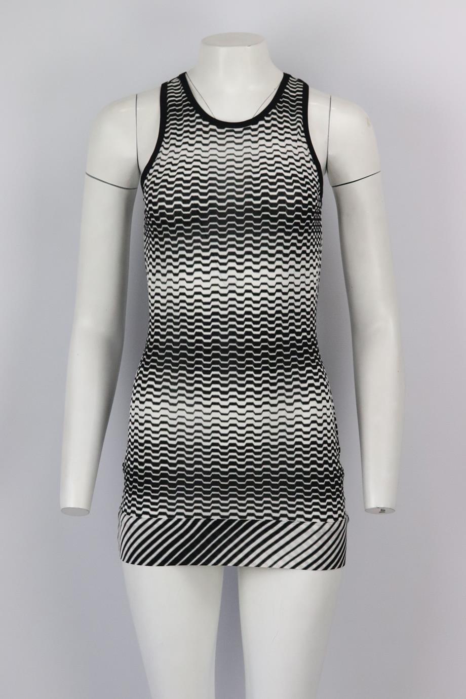 Missoni Mare stretch knit mini dress. Black and white. Sleeveless, crewneck. Slips on. 100% Rayon. Size: IT 40 (UK 8, US 4, FR 36). Bust: 31 in. Waist: 25.5 in. Hips: 34 in. Length: 29.75 in. Very good condition - As new condition, no sign of wear;