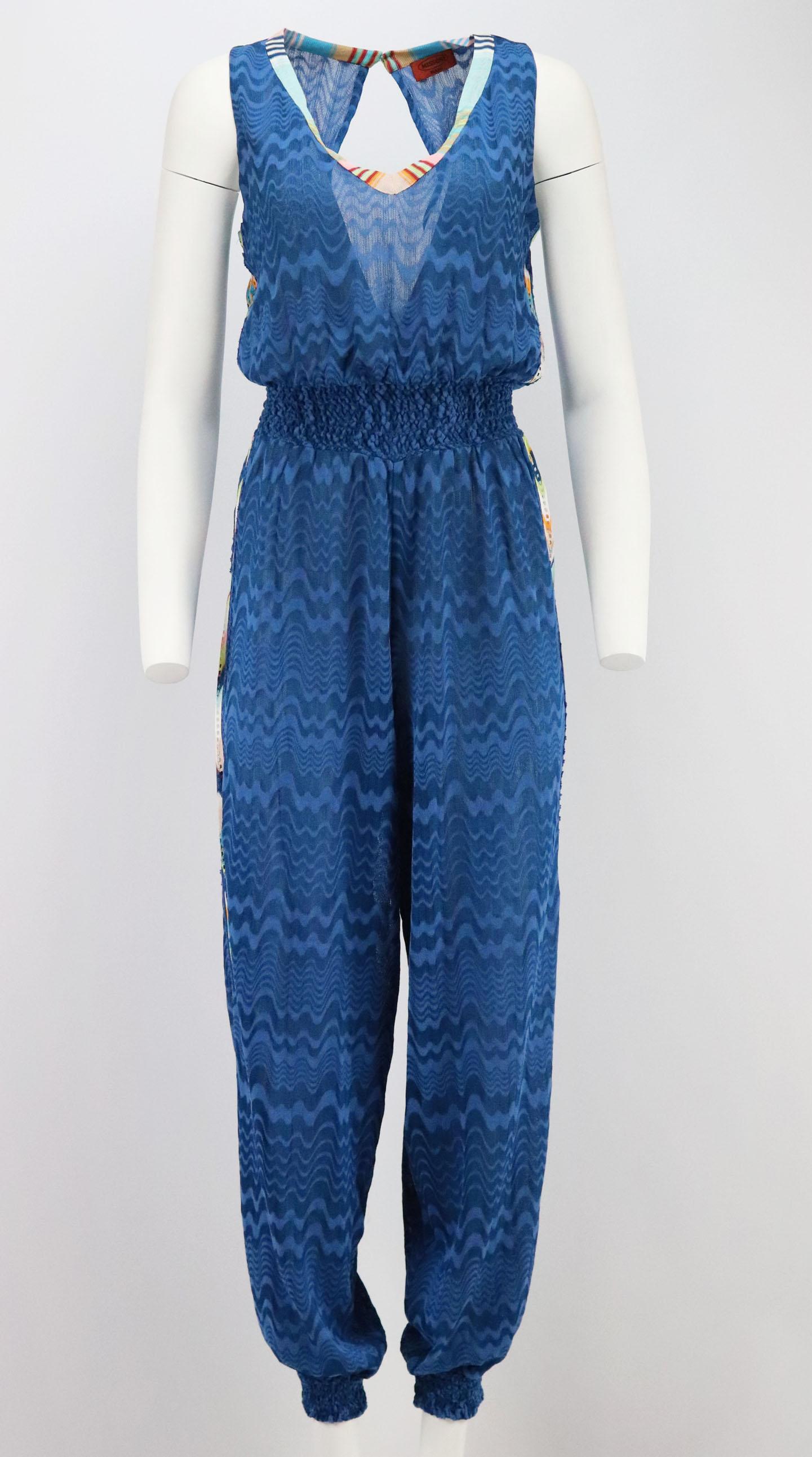 Missoni Mare's jumpsuit has been made in Italy from the brand's signature crochet-knit and is patterned with colourful stripes down the sides, it's designed with a elasticated cinched in waist that will frame your silhouette.
Blue