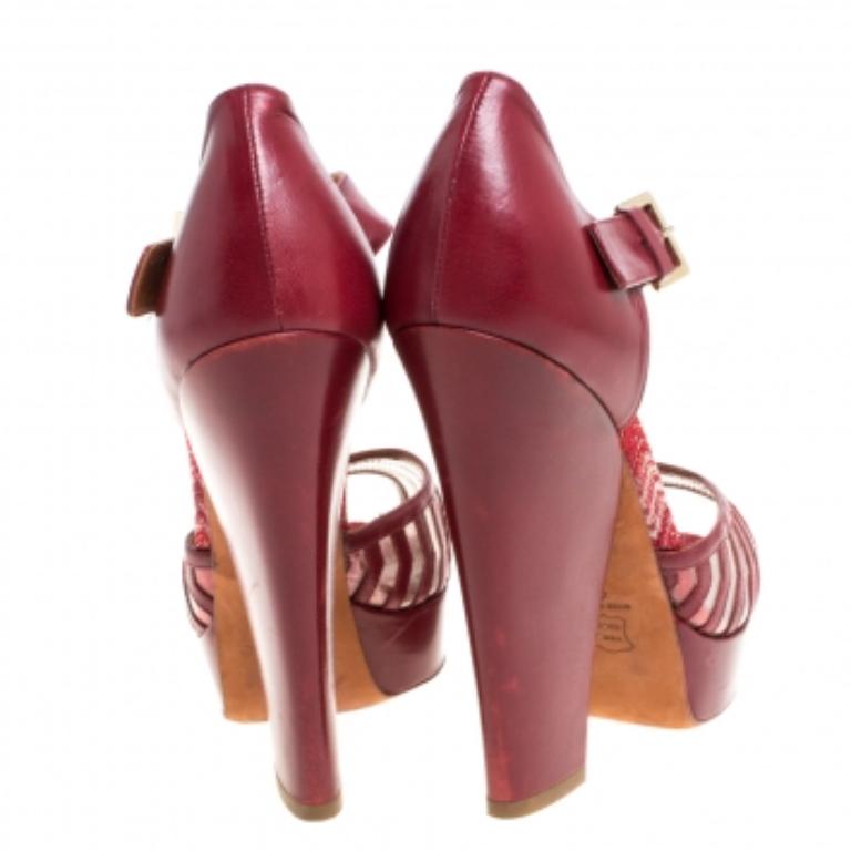 Brown Missoni Maroon Leather And PVC Ankle Strap Platform Peep Toe Sandals Size 40 For Sale