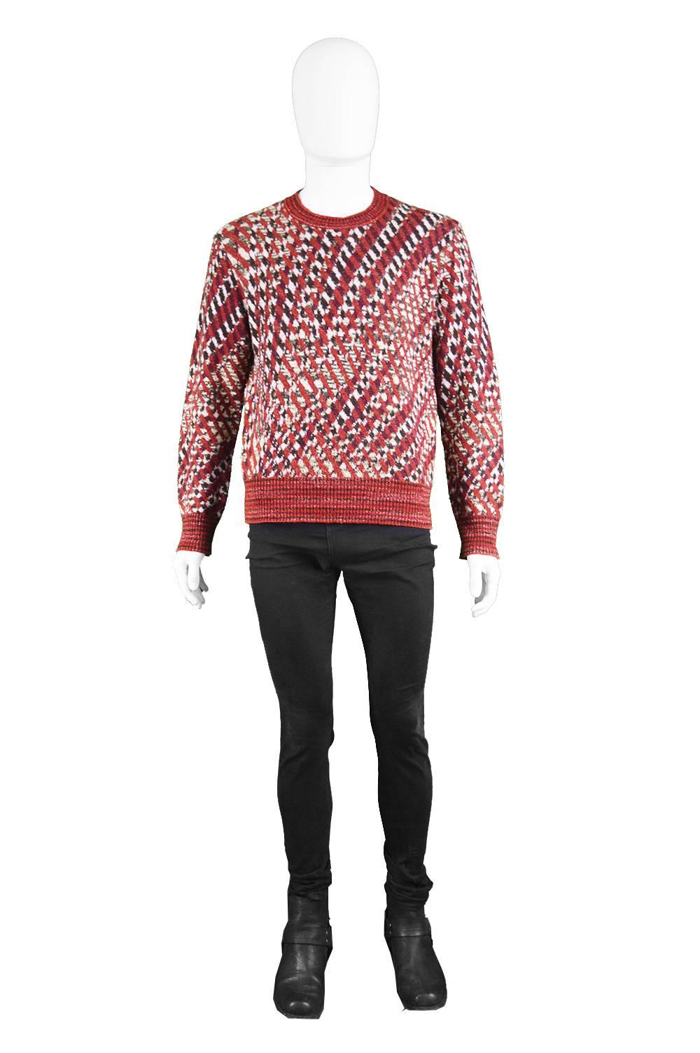  Missoni Men's Vintage 1980s Red Patterned Wool Rayon & Mohair Blend Sweater

Size: Marked 50 which is roughly a men's Medium.
Chest - 42” / 106cm (has a slightly loose fit on chest as most jumpers do)
Length (Shoulder to Hem) - 24” / 61cm
Shoulder