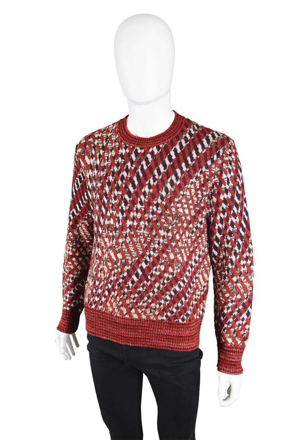  Missoni Men's Vintage 1980s Red Patterned Wool Rayon & Mohair Blend Sweater In Excellent Condition For Sale In Doncaster, South Yorkshire