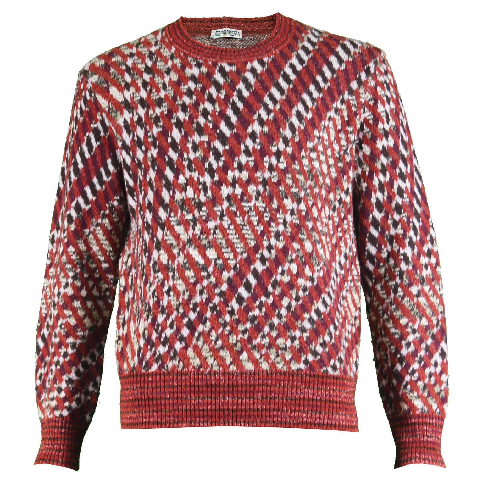  Missoni Men's Vintage 1980s Red Patterned Wool Rayon & Mohair Blend Sweater For Sale