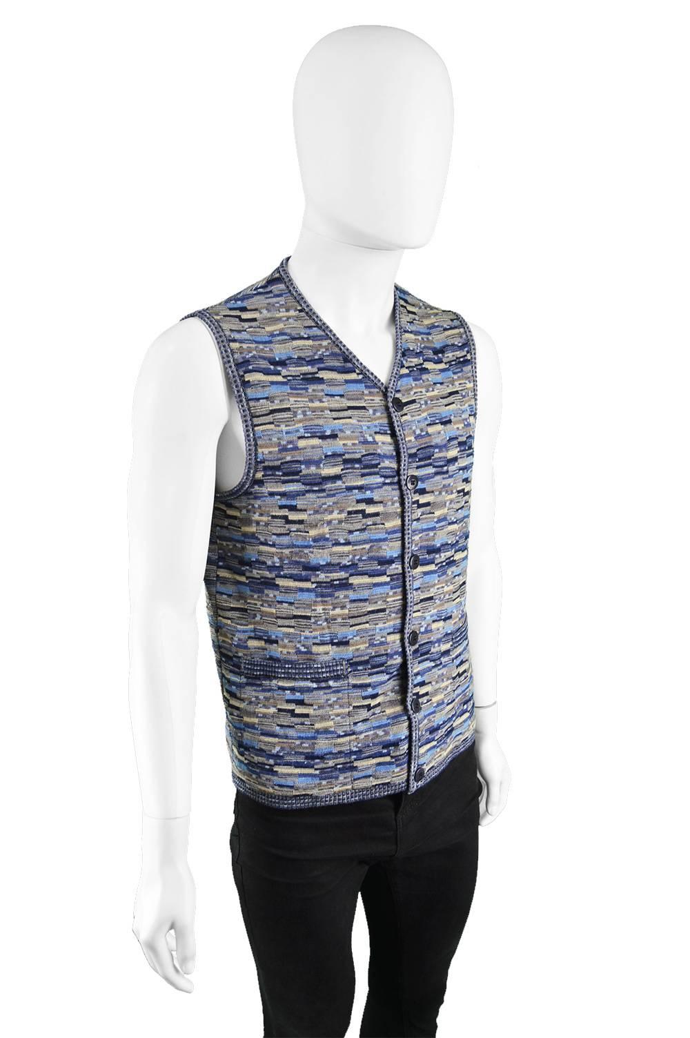 Gray Missoni Men's Vintage Blue Wool and Silk Textured Knit Sweater Vest, 1990s 