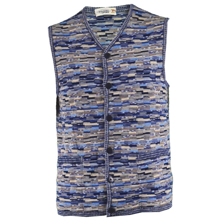 Missoni Men's Vintage Blue Wool and Silk Textured Knit Sweater Vest