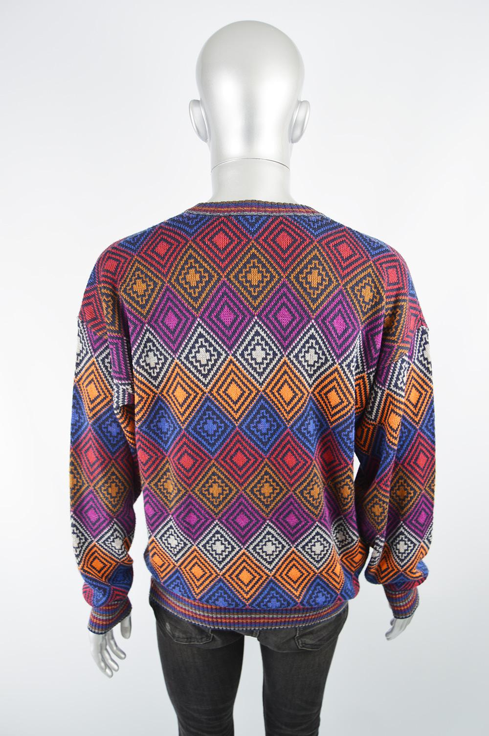 Missoni Men's Vintage Multicolored Diamond Pattern Cotton Knit V Neck Sweater In Excellent Condition In Doncaster, South Yorkshire